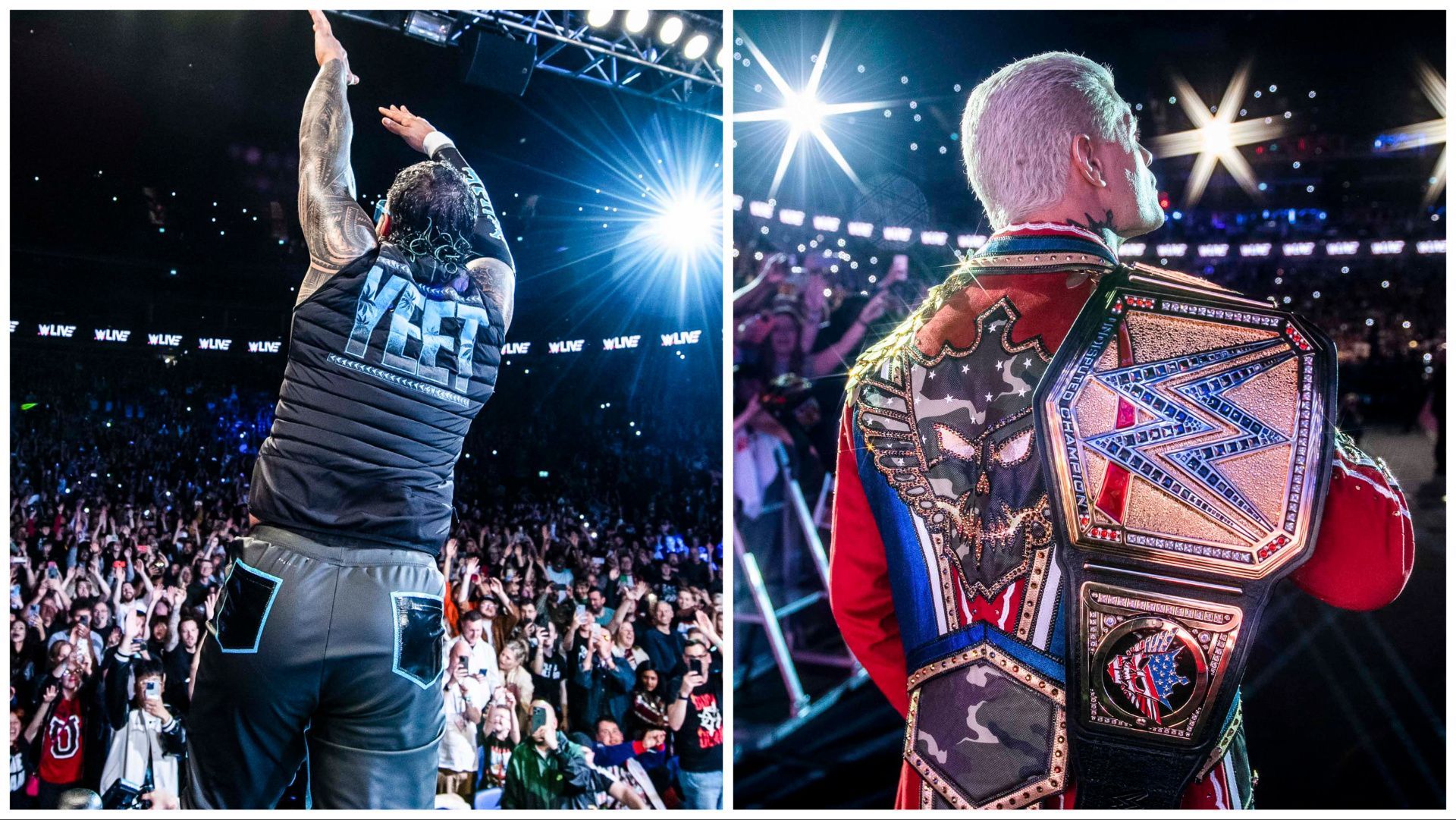 Jey Uso and Cody Rhodes pose for fans on the WWE UK tour