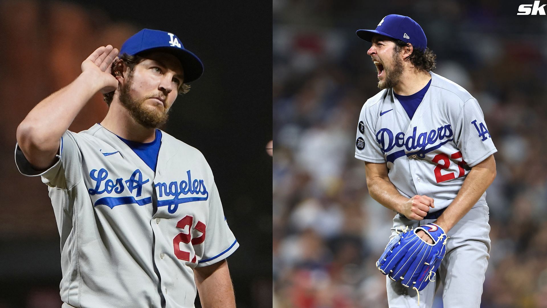 Trevor Bauer of the Los Angeles Dodgers reacts to fans booing him as he leaves the game against the San Francisco Giants at Oracle Park