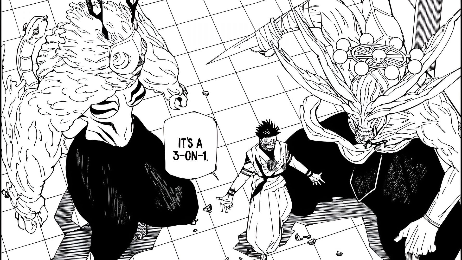 Agito (left), the King of Curses (middle), and Mahoraga (right) (Image via Shueisha)