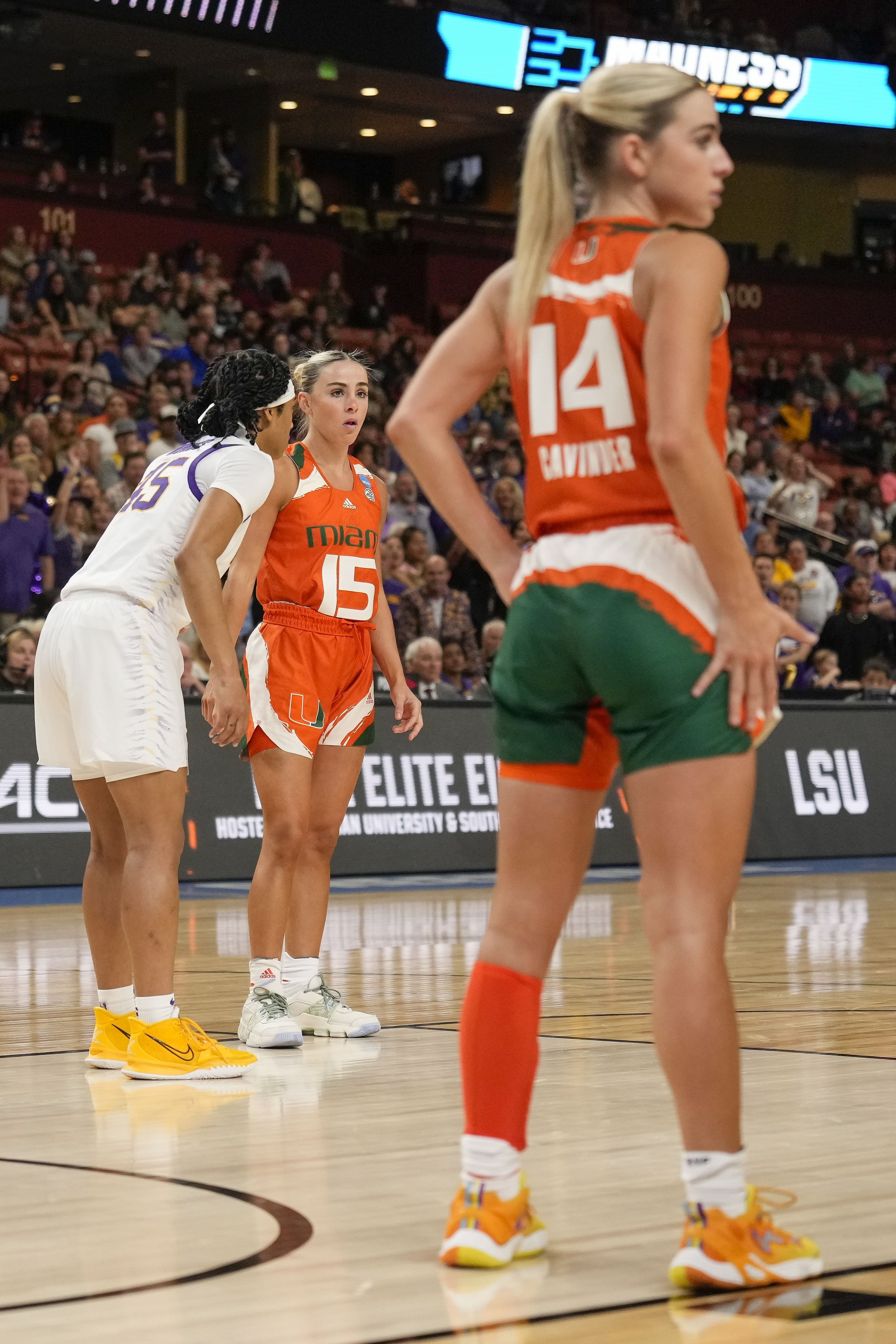 NCAA Womens Basketball: NCAA Tournament Greenville Regional-Miami (FL) vs LSU: Mar 26, 2023; Greenville, SC, USA; Miami Hurricanes guard Hanna Cavinder (15) and guard Haley Cavinder (14) against the LSU Lady Tigers during the second half of the NCAA Women s Tournament at Bon Secours Wellness Arena. Mandatory Credit: Jim Dedmon-USA TODAY Sports