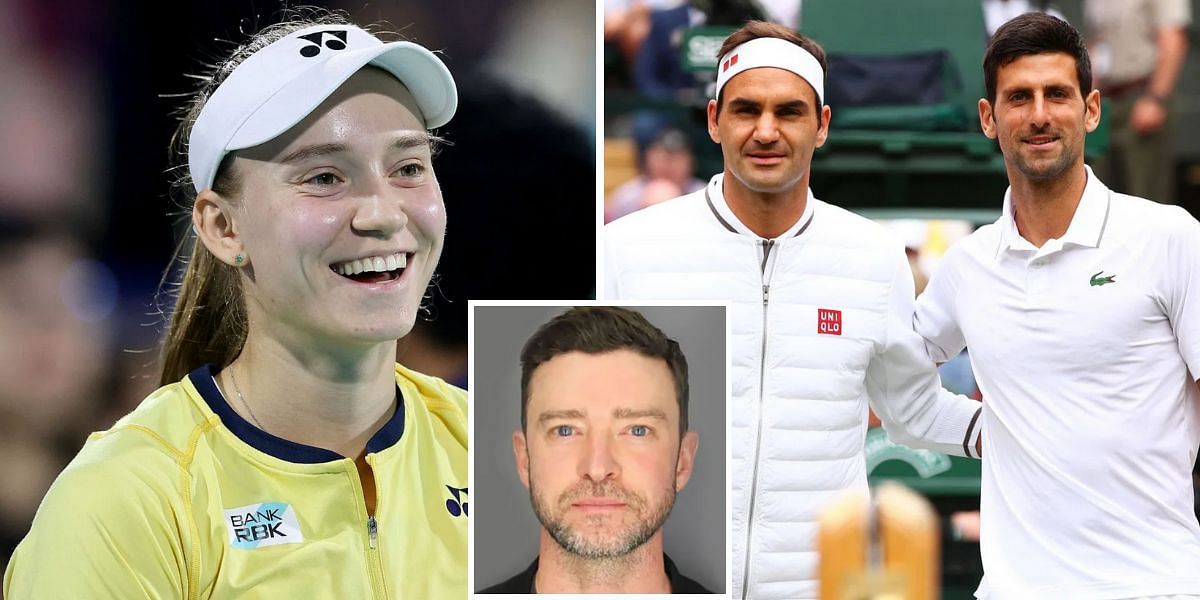Elena Rybakina (L), Justin Timberlake (inset), Roger Federer and Novak Djokovic (R) (Source: Getty Images)