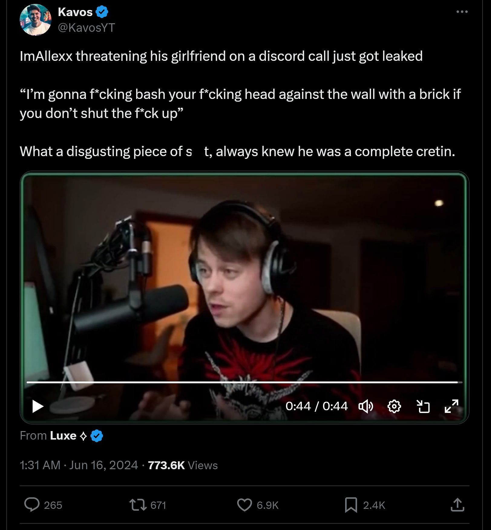 Commentary YouTuber Kavos&#039; tweet, featuring ImAllexx&#039;s conversation with his girlfriend (Image via X)
