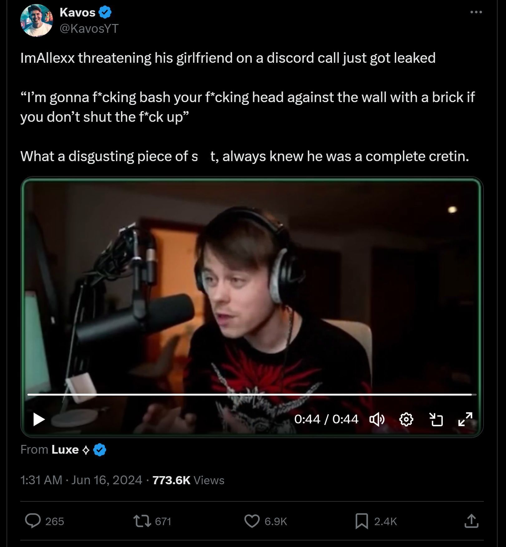 Commentary YouTuber Kavos&#039; tweet, featuring ImAllexx&#039;s conversation with his girlfriend (Image via X)