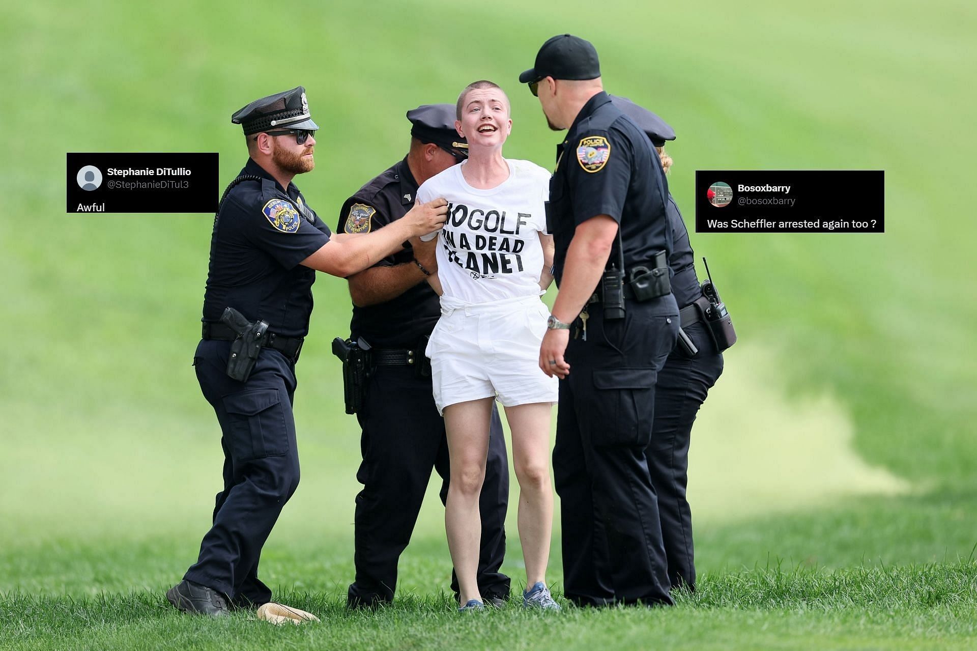 Police officers catch the protestor during the Travelers Championship, Round 4