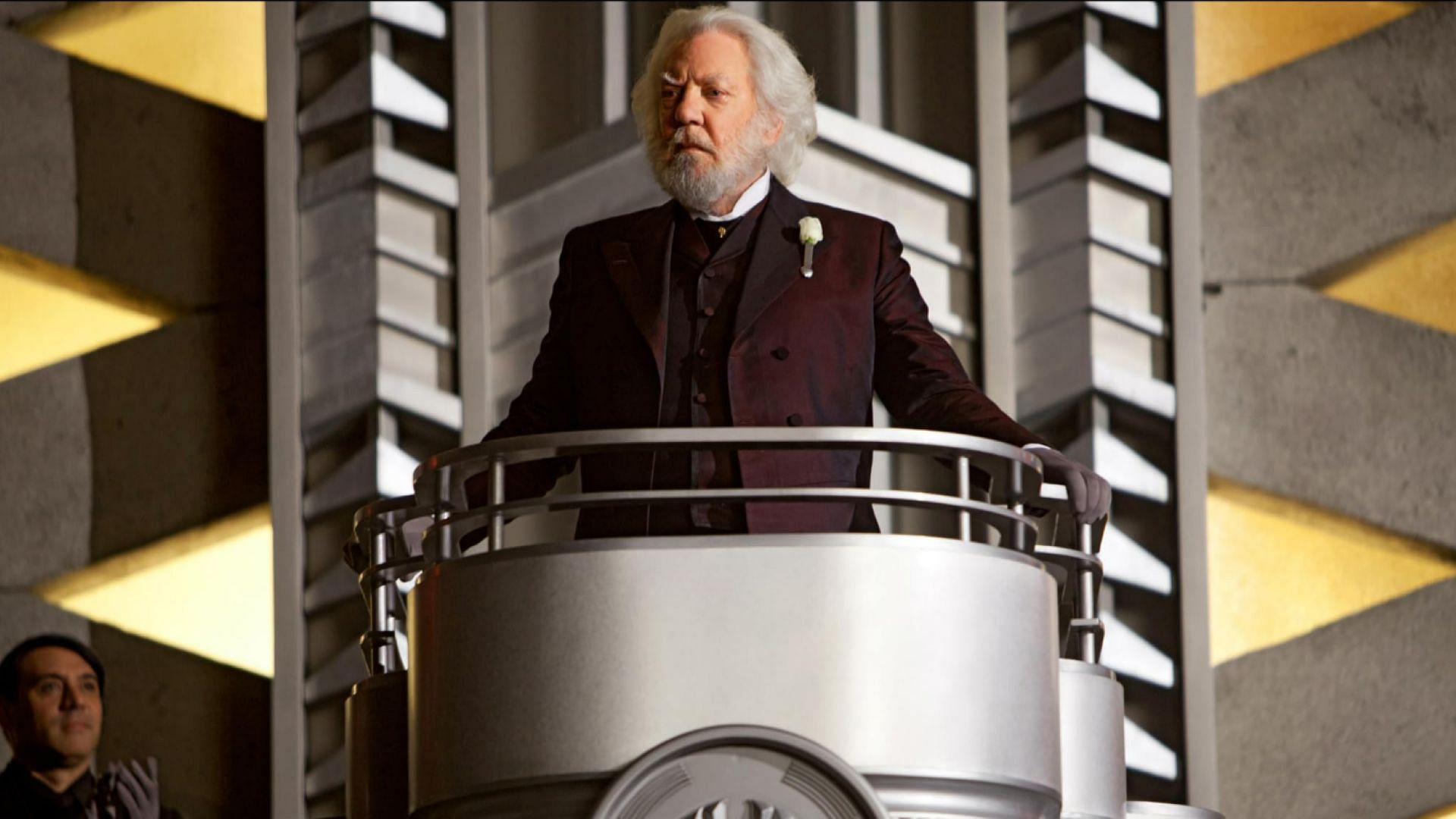 Sutherland as Coriolanus Snow in The Hunger Games (image via Lions Gate Films)