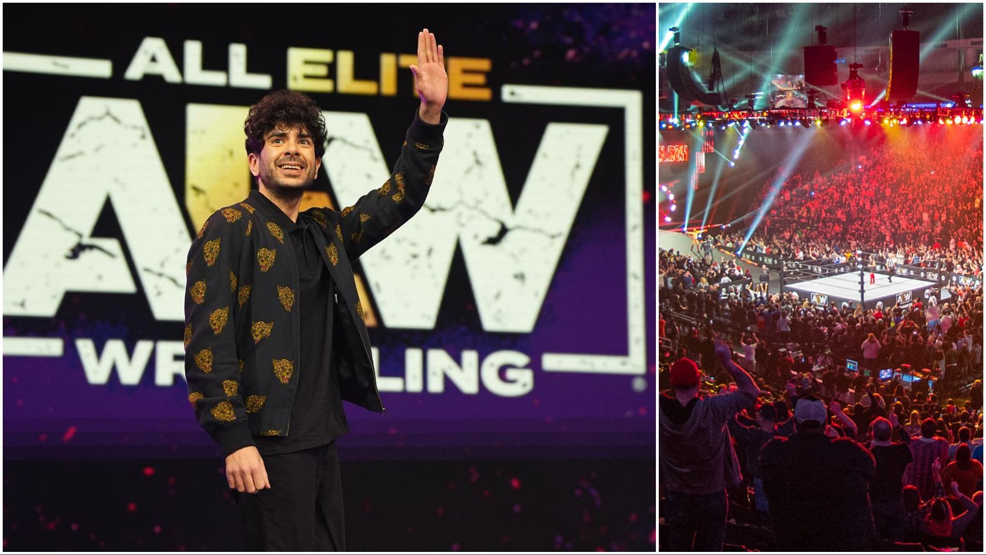 Tony Khan waves in front of the AEW logo, fans attend a live AEW Dynamite