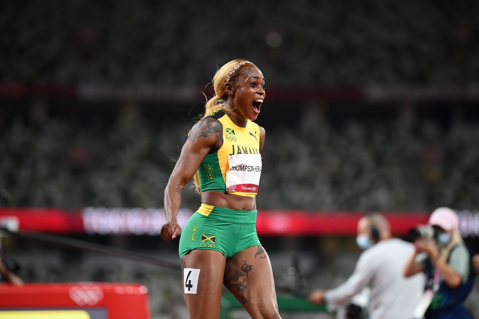 Elaine Thompson-Herah of Team Jamaica wins the Women&#039;s 100m Final on day eight of the Tokyo 2020 Olympic Games at Olympic Stadium on July 31, 2021 in Tokyo, Japan. (Photo by Matthias Hangst/Getty Images)