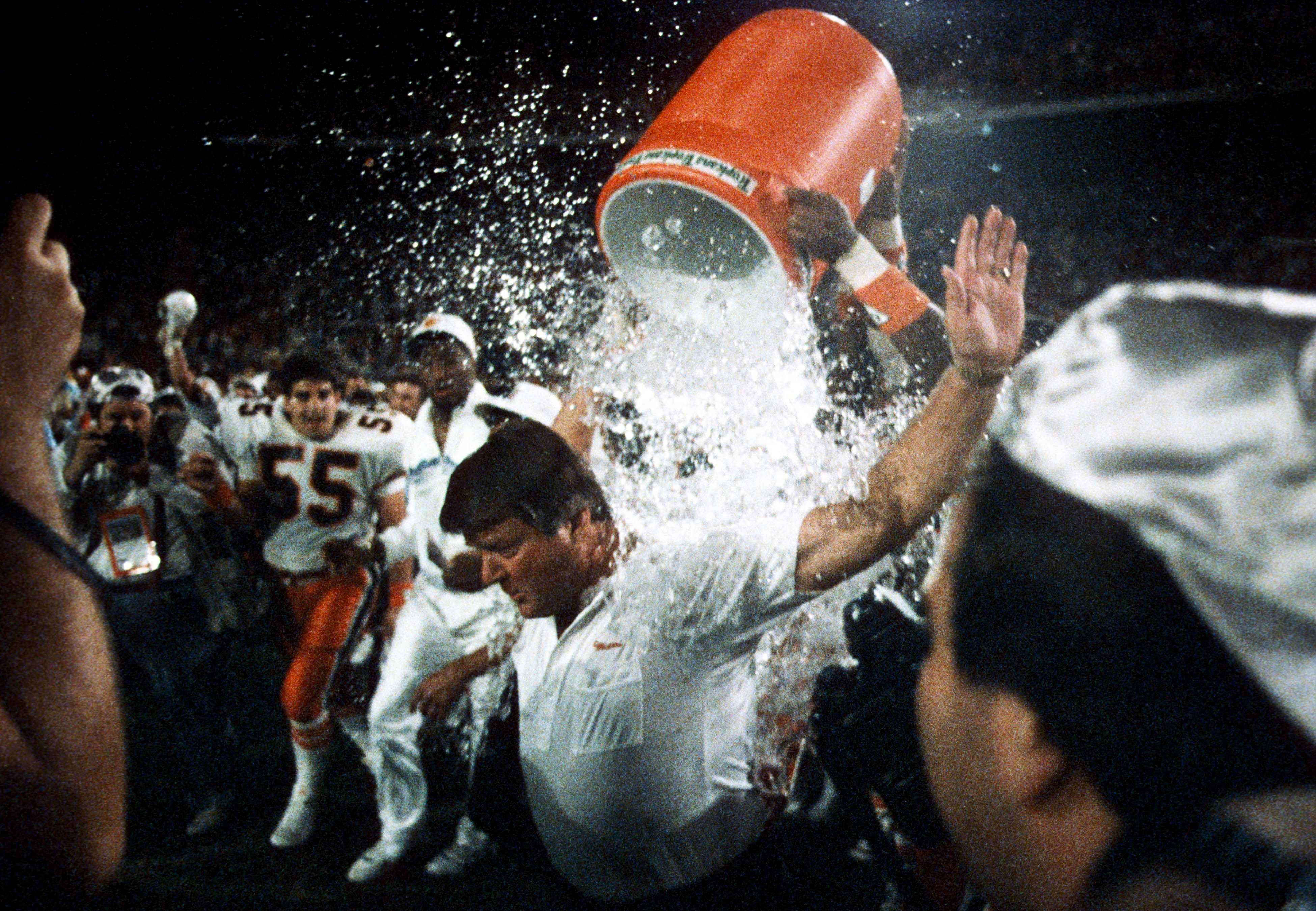 Miami coach Jimmy Johnson celebrating the 1989 national championship win