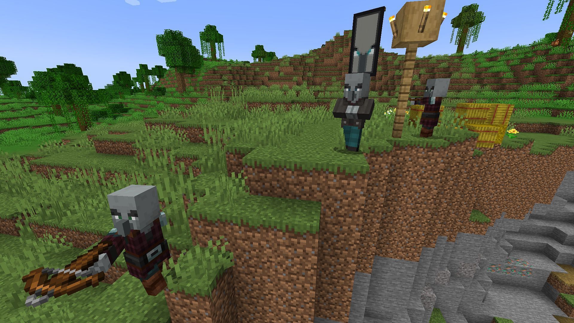 A raid, summoned by raid omen, attacking a village (Image via Mojang)