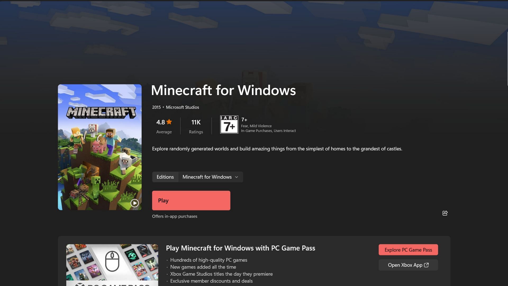 The option to update the game will pop up on every store app on the device Bedrock Edition is supported. (Image via Microsoft Store)