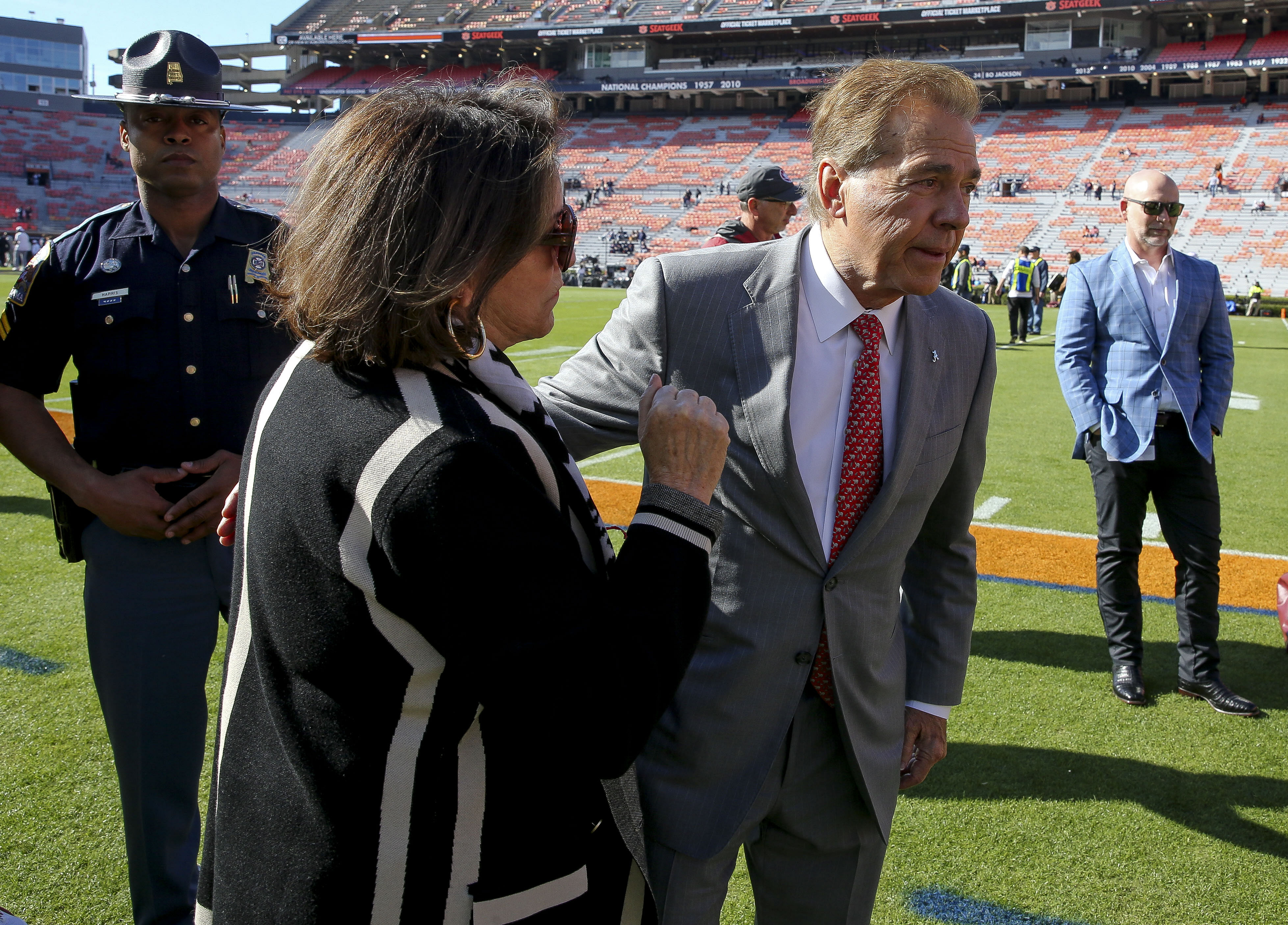 Former Alabama Crimson Tide head coach Nick Saban greets his wife Terry Saban.