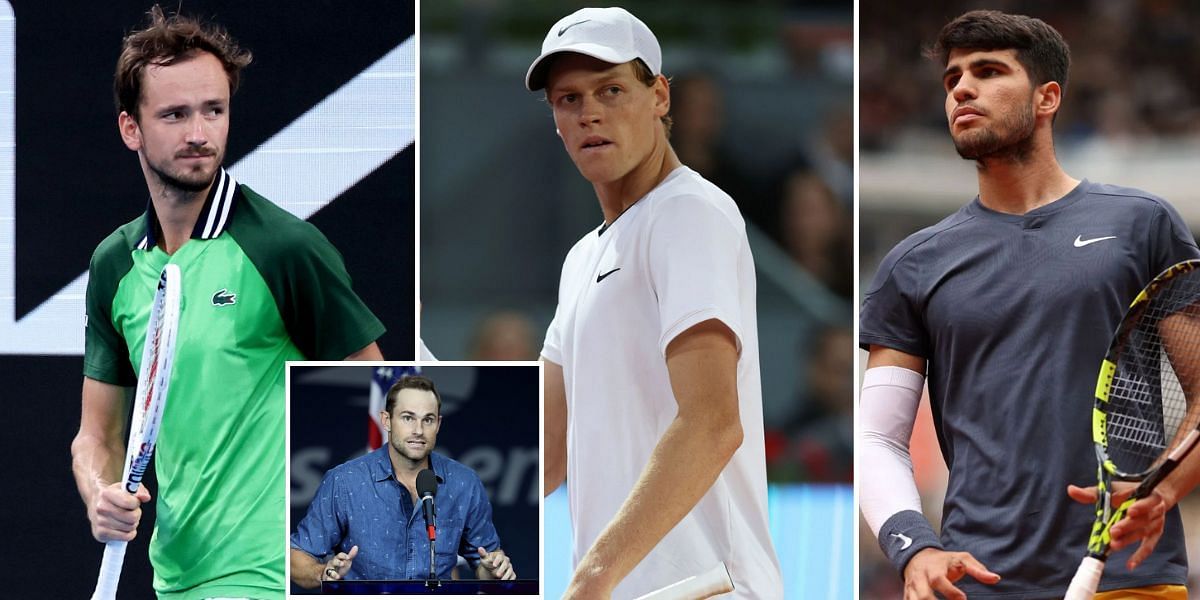 Daniil Medvedev (L), Jannik Sinner (middle), Carlos Alcaraz (R) and Andy Roddick (inset)