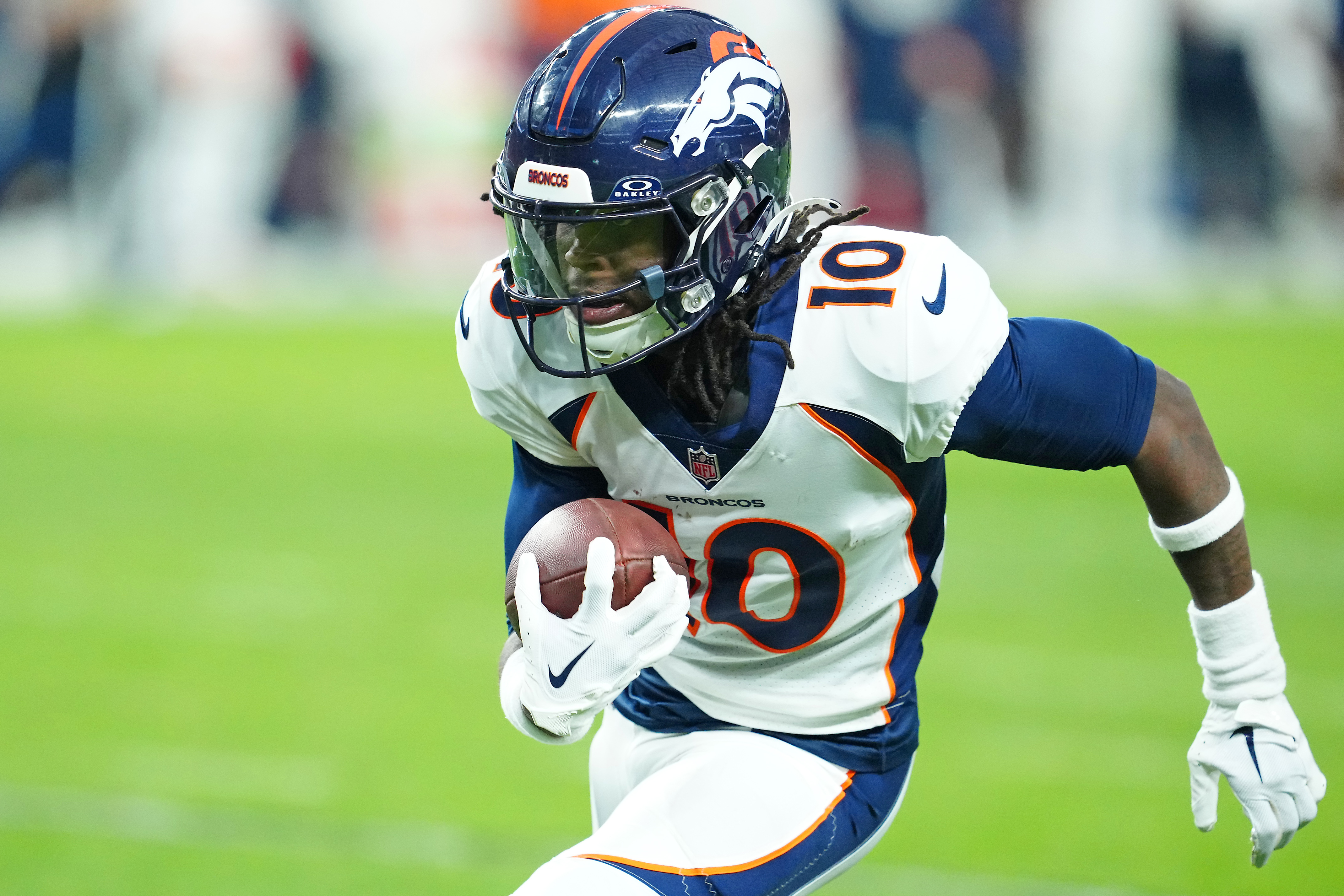 NFL: Denver Broncos at Las Vegas Raiders: Jan 7, 2024; Paradise, Nevada, USA; Denver Broncos wide receiver Jerry Jeudy (10) gains yardage against the Las Vegas Raiders during the fourth quarter at Allegiant Stadium. Mandatory Credit: Stephen R. Sylvanie-USA TODAY Sports