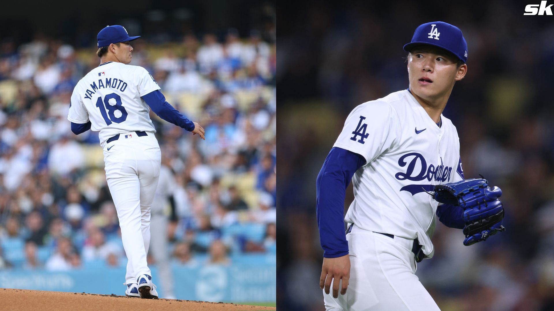 Yoshinobu Yamamoto of the Los Angeles Dodgers reacts on the mound during a 4-1 win over the Colorado Rockies at Dodger Stadium