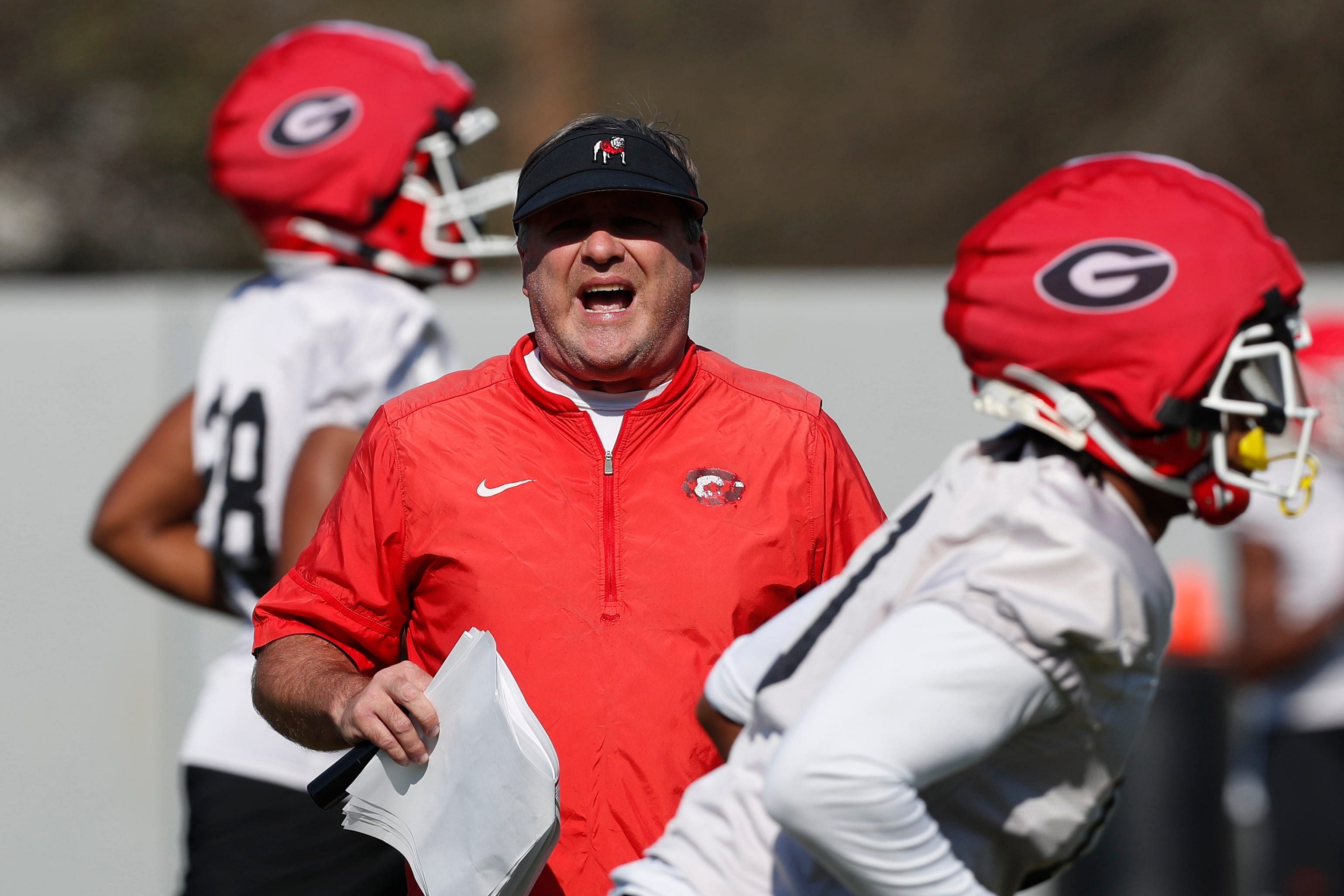 Georgia coach Kirby Smart yells during spring practice in Athens.