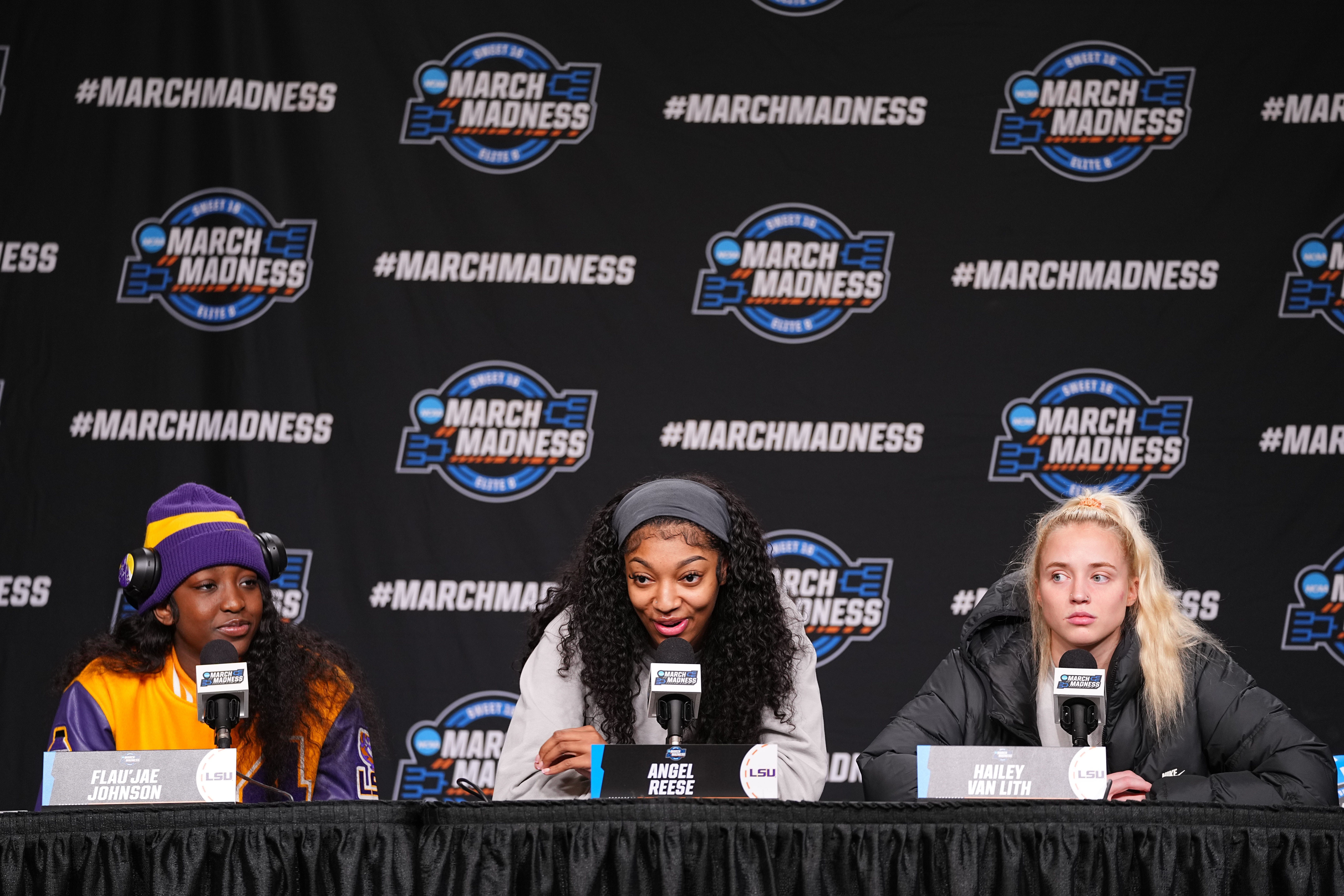 LSU Lady Tigers guard Flau&#039;jae Johnson (4) forward Angel Reese (10) and guard Hailey Van Lith (11) take questions from the media at MVP Arena, Sunday, March 31, 2024 in Albany, N.Y.