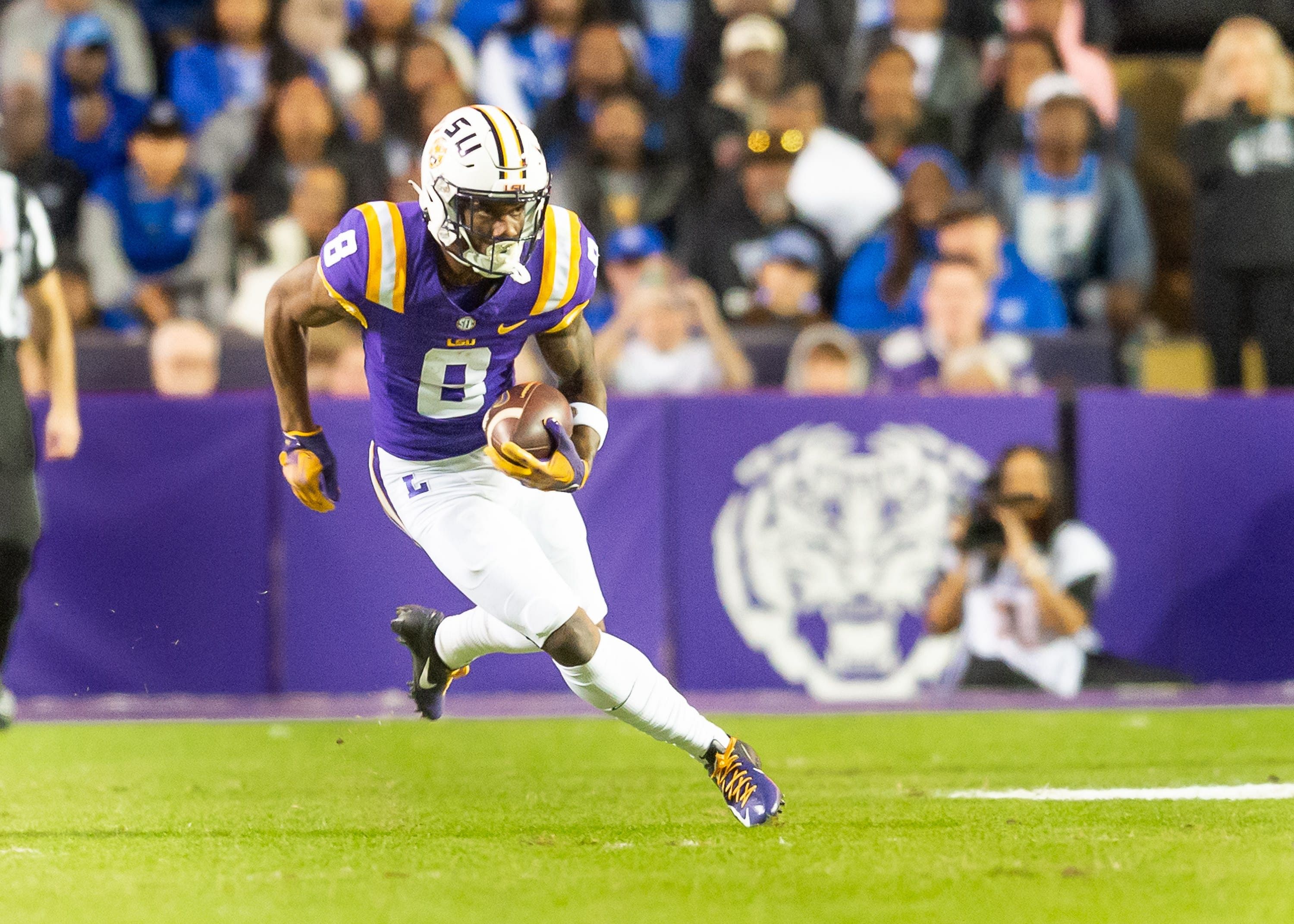 Syndication: The Record: Tigers receiver Malik Nabers 8 runs the ball as the LSU Tigers take on Georgia State in Tiger Stadium in Baton Rouge, Louisiana, November 18, 2023.