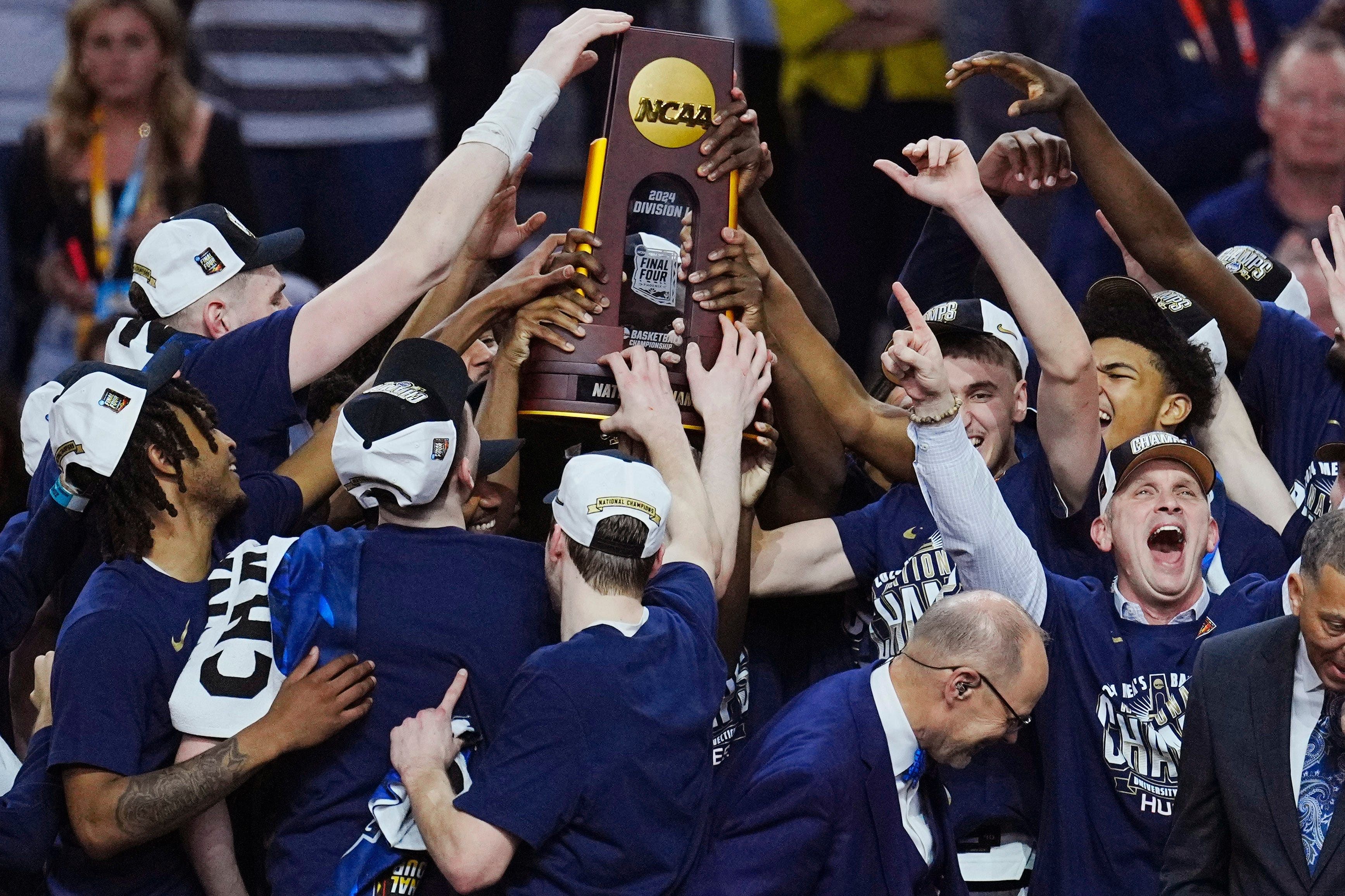 The UConn Huskies after winning the 2023&ndash;24 NCAA National Championship game