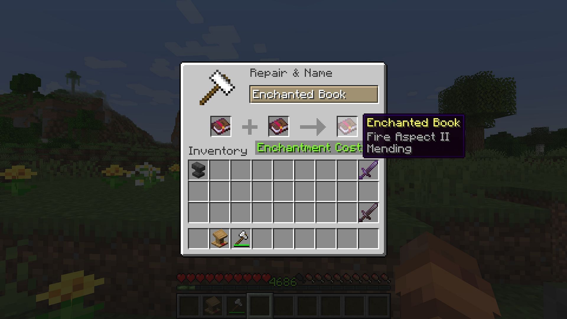 Combining the fire aspect and mending books in an anvil (Image via Mojang)