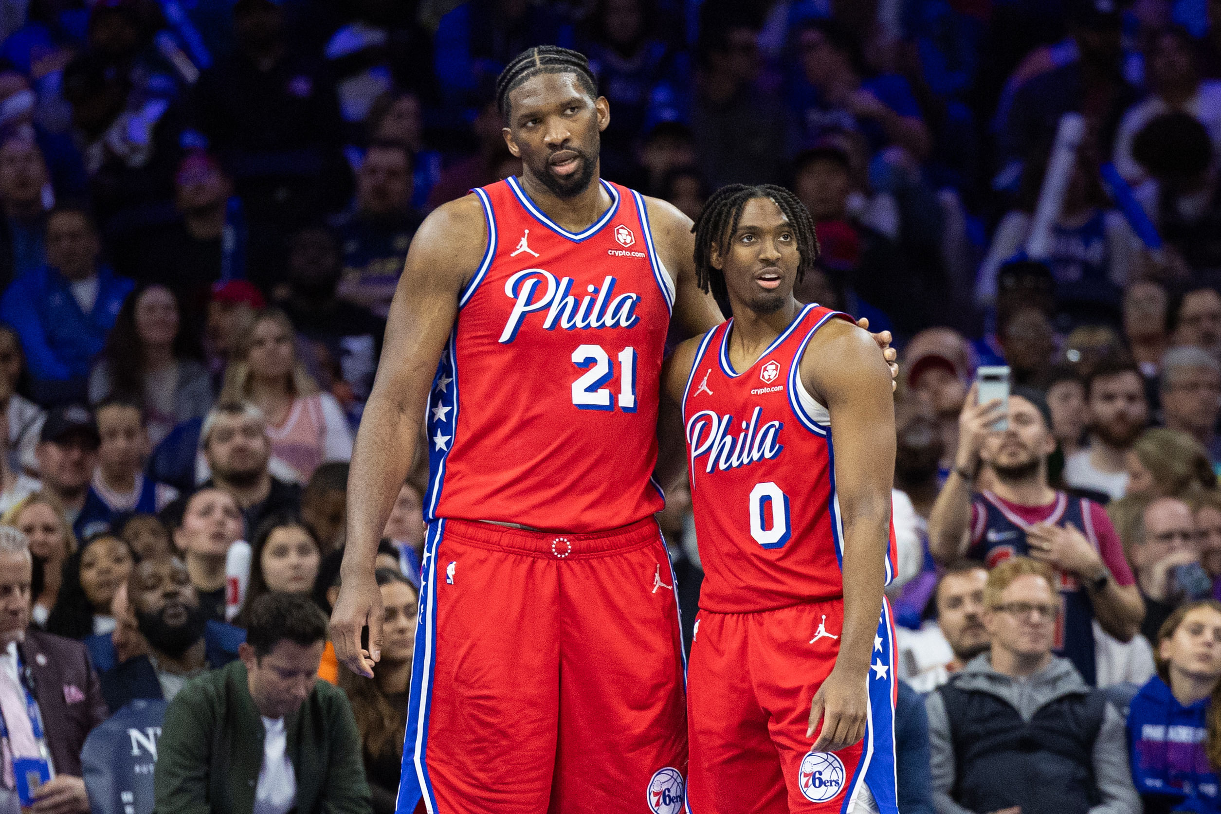 Philadelphia 76ers center Joel Embiid and guard Tyrese Maxey