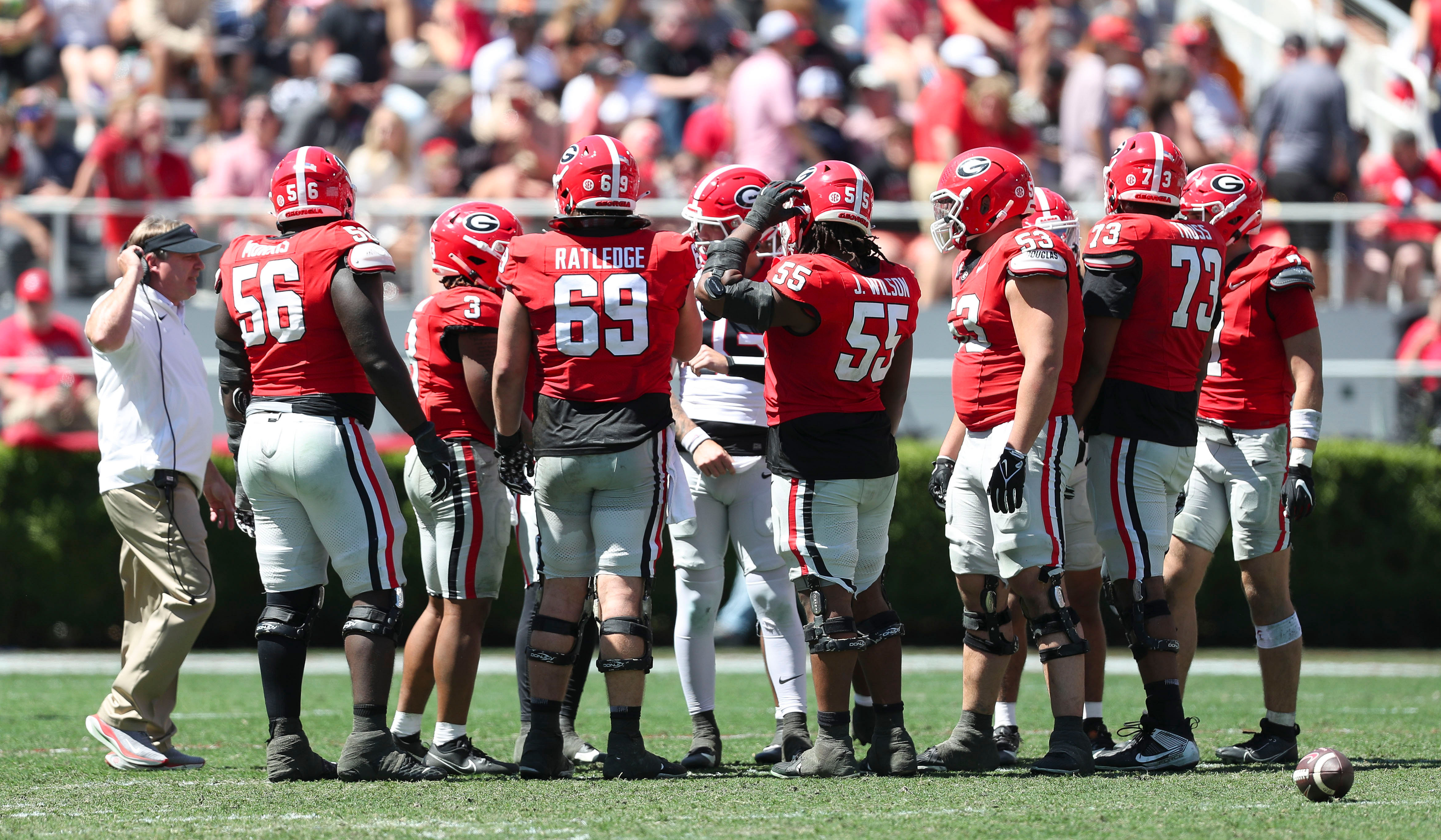 NCAA Football: Georgia G-Day Game: Apr 13, 2024; Athens, GA, USA; Georgia Bulldogs huddle on the field during the G-Day Game at Sanford Stadium. Mandatory Credit: Mady Mertens-USA TODAY Sports