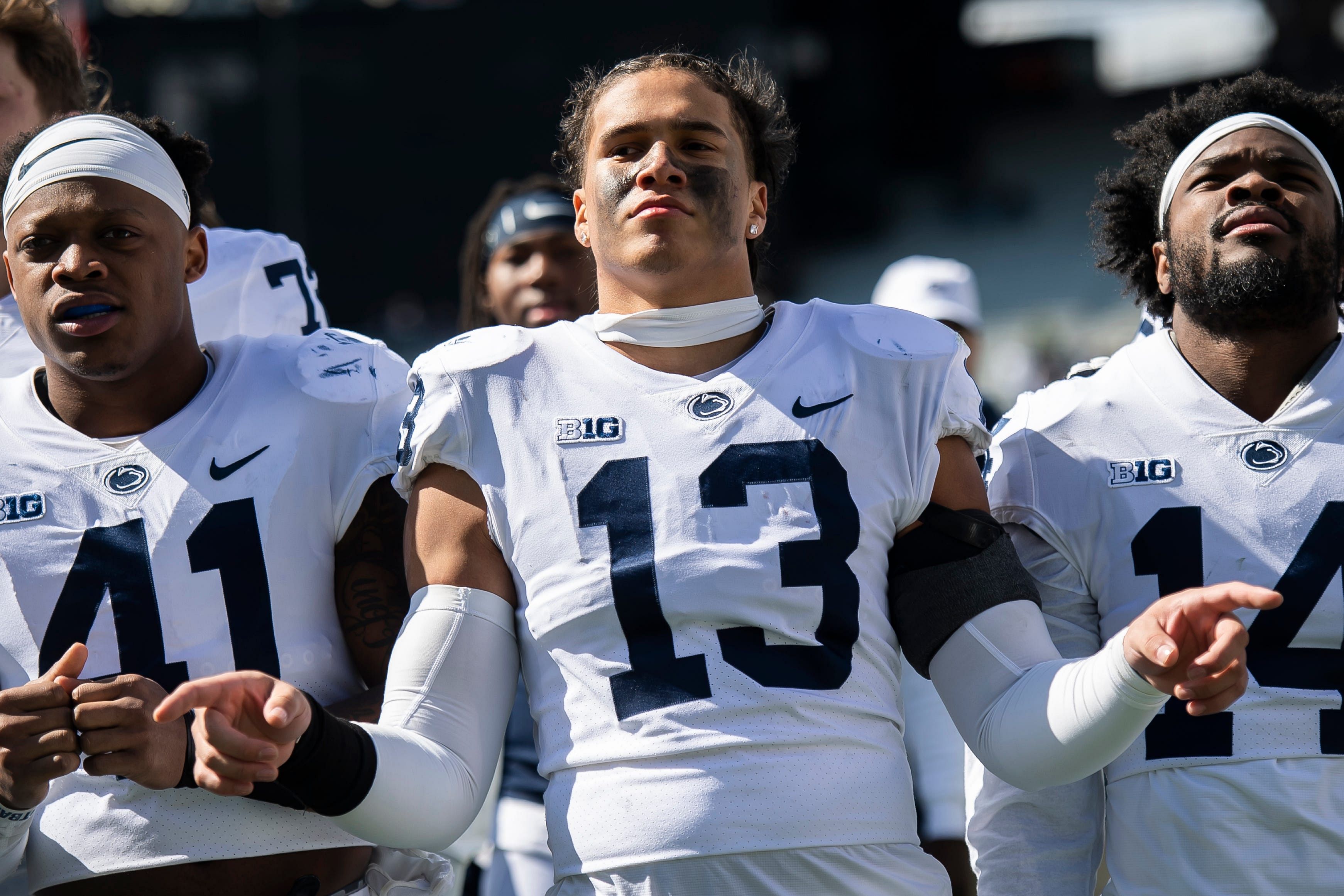 Syndication: Hanover Evening Sun: Penn State linebacker Tony Rojas pretends to conduct the Blue Band as they play the alma mater following the Blue-White game at Beaver Stadium on Saturday, April 13, 2024, in State College.