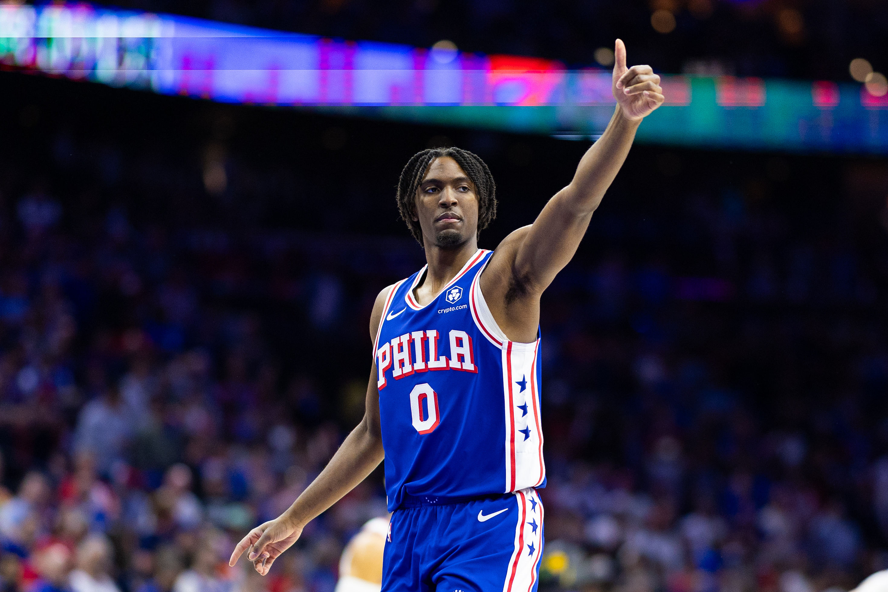 Philadelphia 76ers guard Tyrese Maxey during Game 6 of the first round of the 2024 NBA playoffs against the New York Knicks.