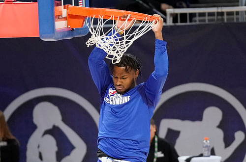 NBA: Combine: May 15, 2024; Chicago, IL, USA; Bronny James participates in the 2024 NBA Draft Combine at Wintrust Arena. Mandatory Credit: David Banks-USA TODAY Sports