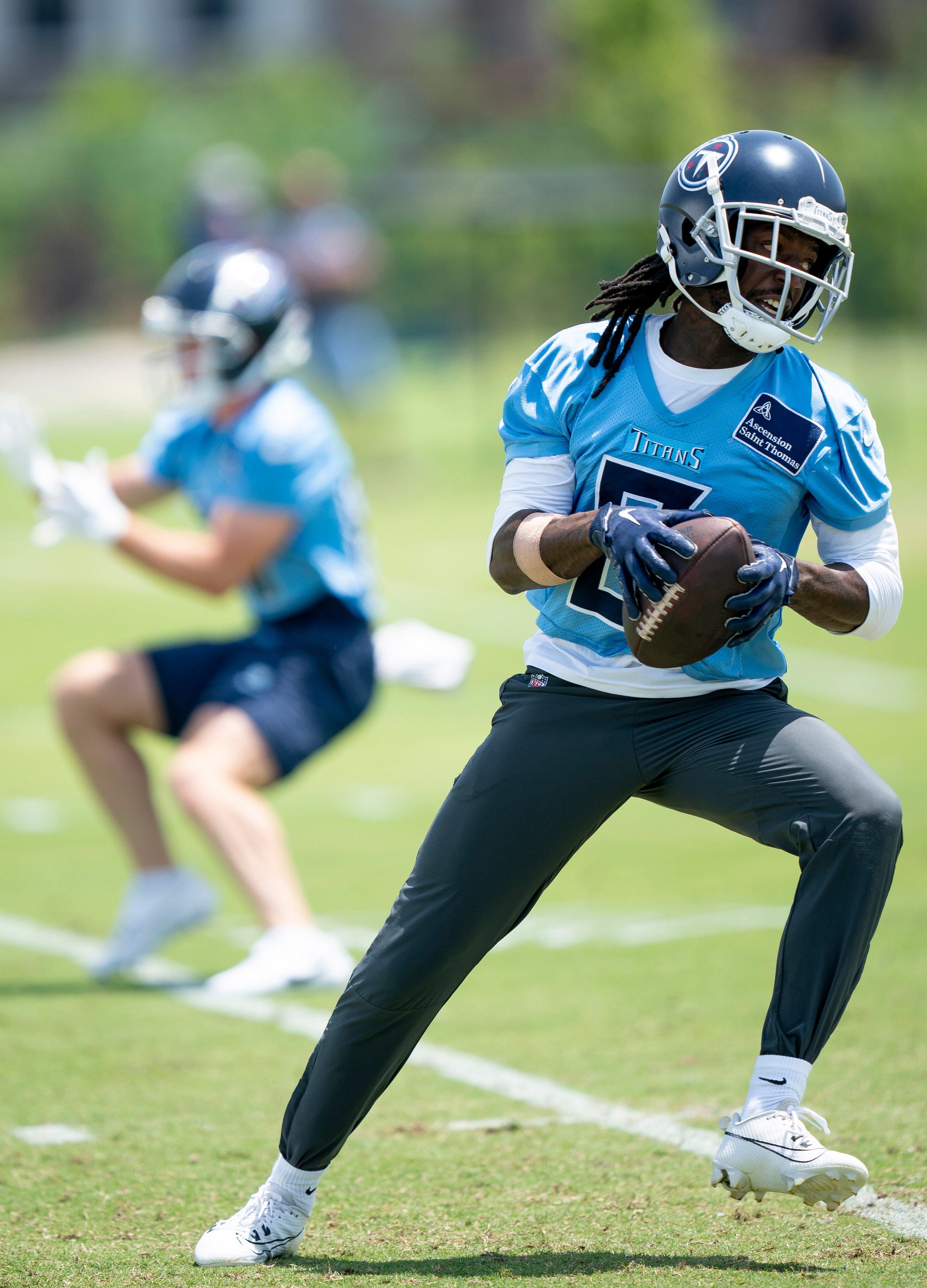 Syndication: The Tennessean: Wide receiver Calvin Ridley (0) runs after a catch during Tennessee Titans practice at Ascension Saint Thomas Sports Park in Nashville, Tenn., Wednesday, May 29, 2024.