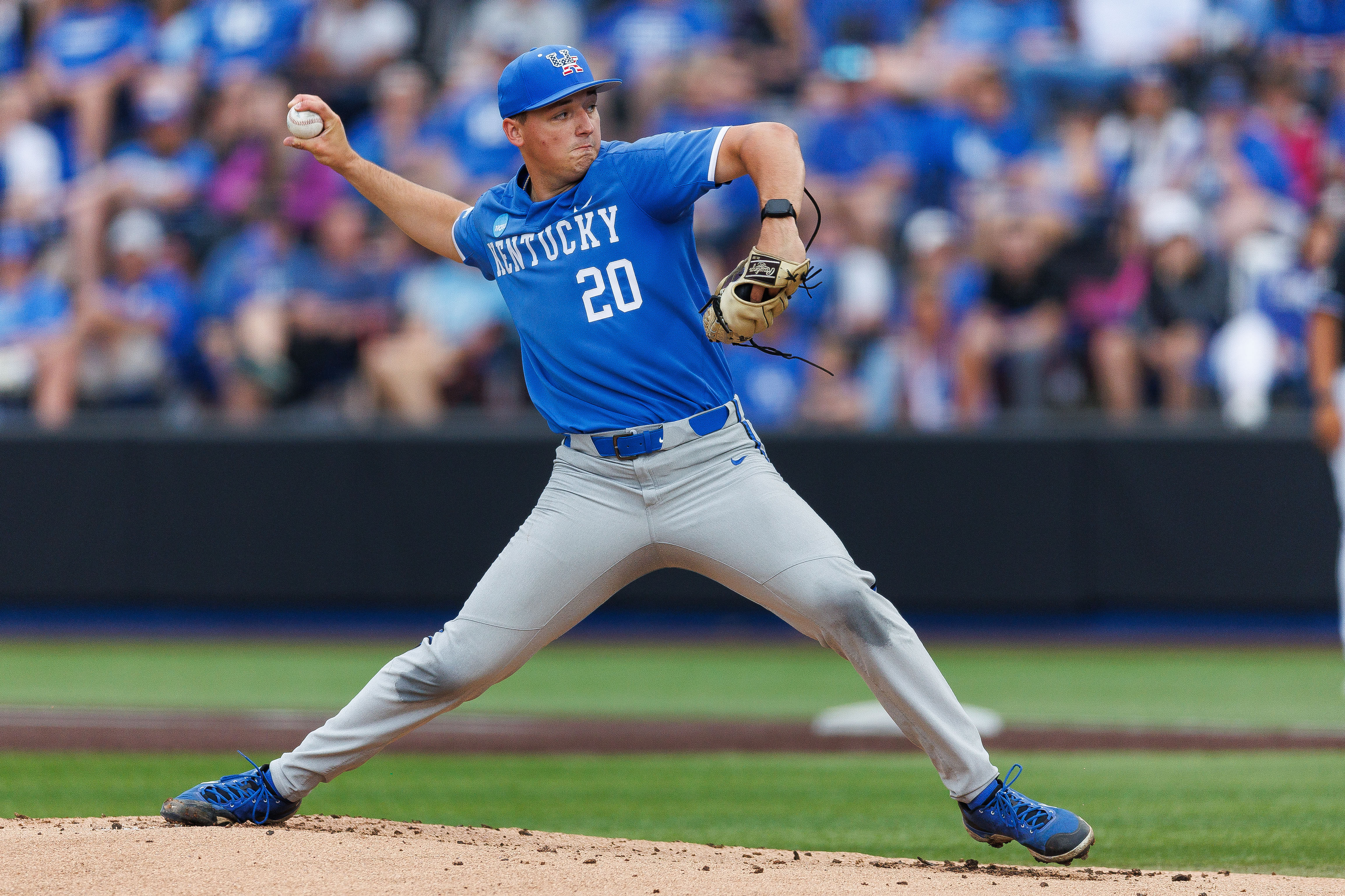 Kentucky pitcher Mason Moore pitches against Indiana State during the Lexington Regional.