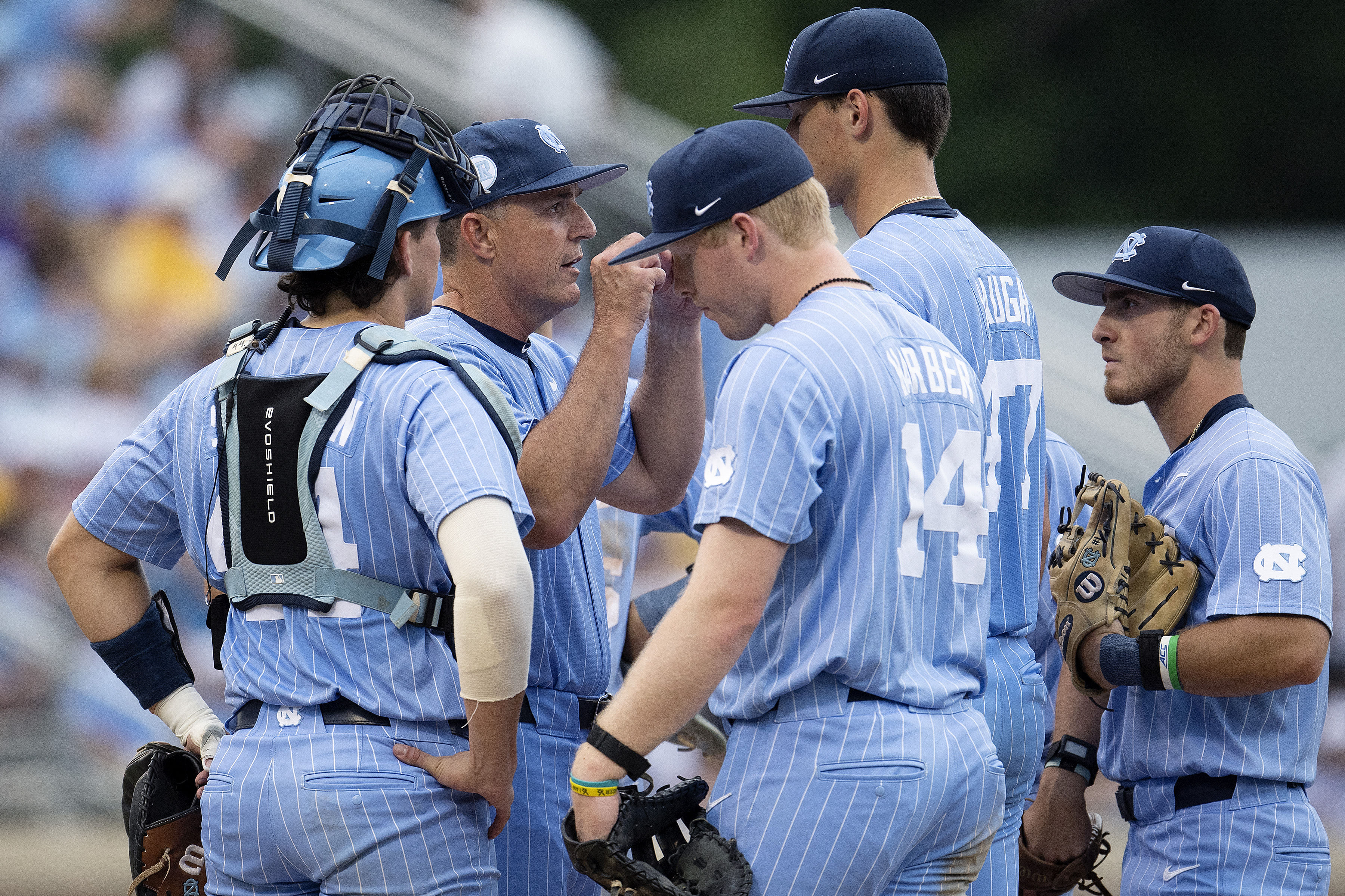 North Carolina huddles to discuss a strategy in the latter part of the game against LSU.