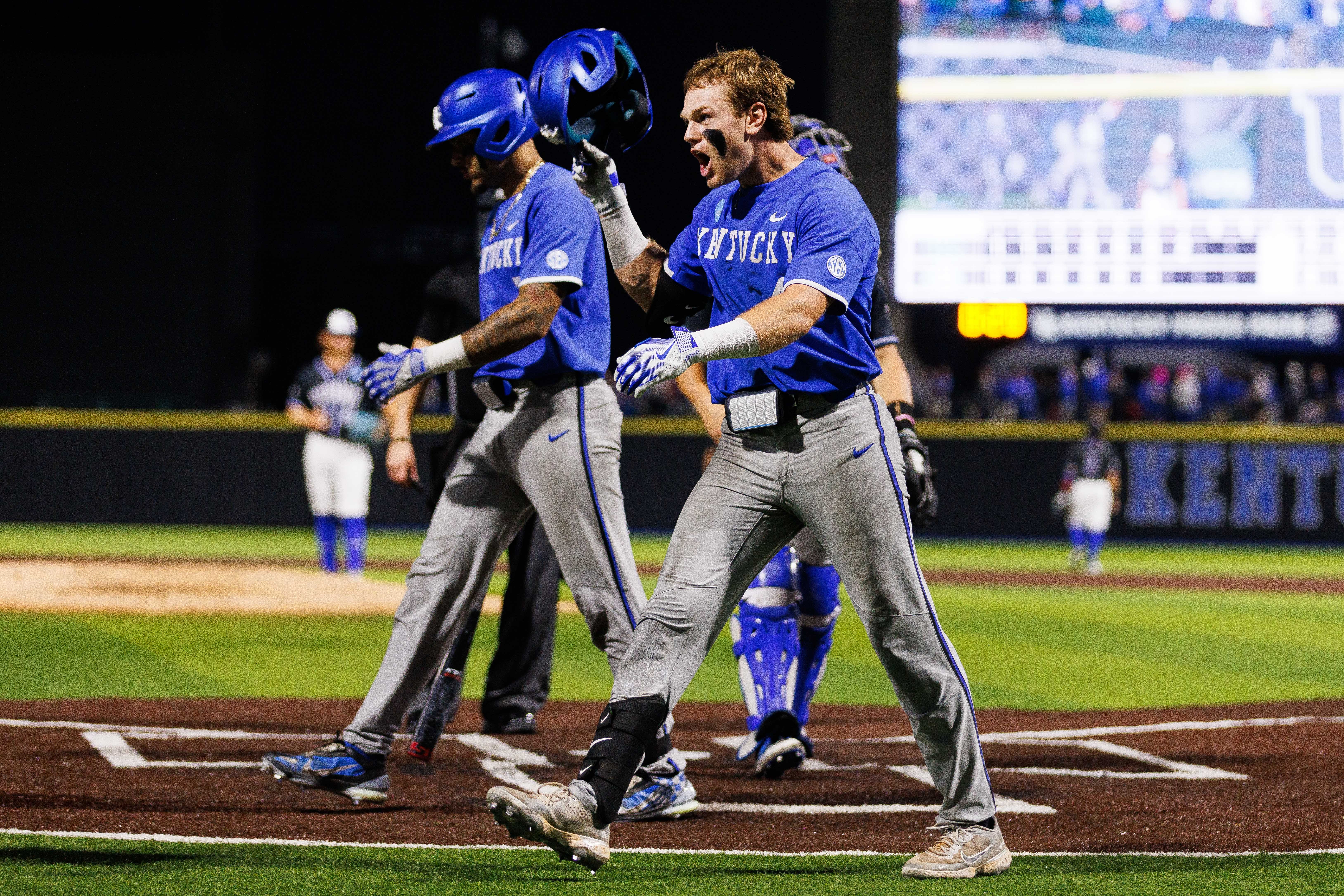 Kentucky celebrates following an Emilien Pitre home run in the regional final against Indiana State.