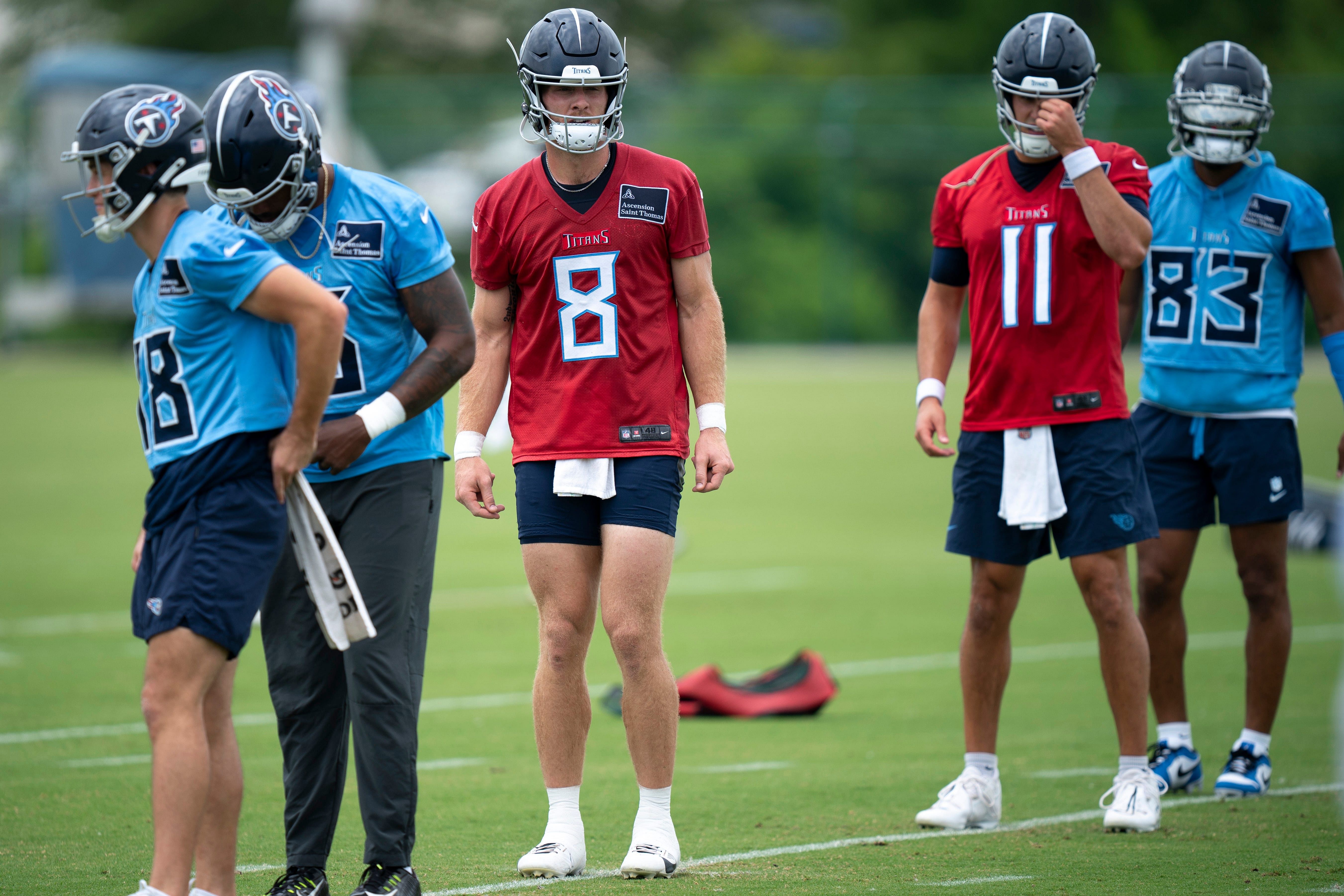 Quarterbacks Will Levis (8) and Mason Rudolph (11) run through warmup drills (image credit: IMAGN)