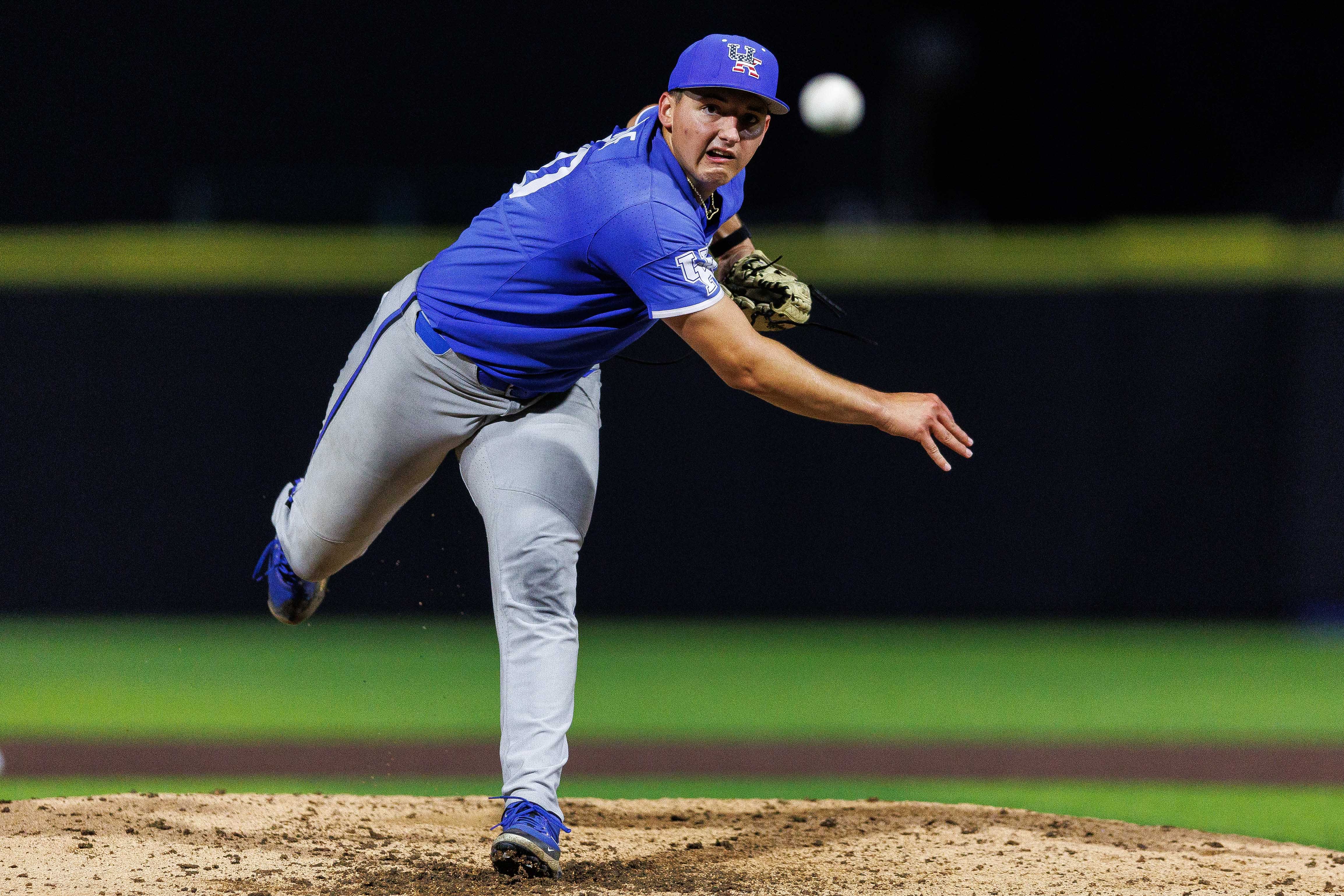 Kentucky Wildcats pitcher Mason Moore (20) throws a pitch during the sixth inning against the Indiana State Sycamores at Kentucky Proud Park.