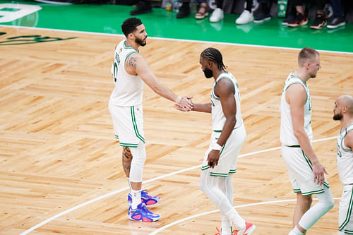 Boston Celtics forwards Jayson Tatum and Jaylen Brown