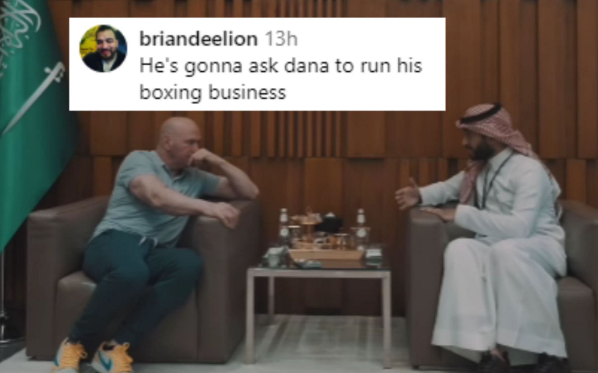 Fans react to Dana White (left) meeting Turki Alalshikh (right) ahead of UFC Saudi Arabia [Image courtesy @turkialalshik on Instagram