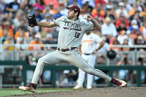 Ryan Prager has pitched 10 2/3 innings in the College World Series. The Texas A&M starter has recorded 10 strikeouts and walked one batter in the CWS (Image Source: Imagn)