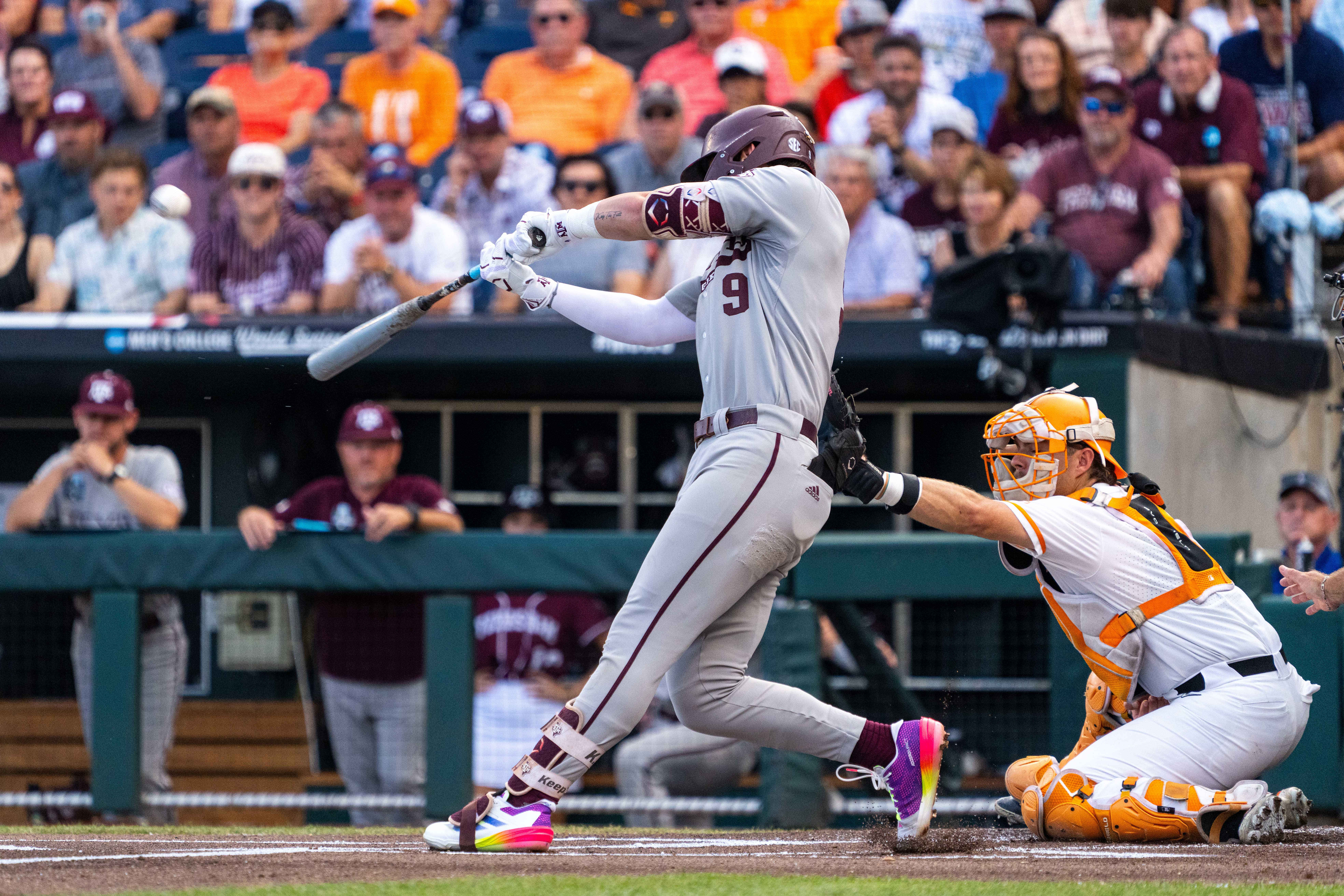 Texas A&amp;M&#039;s Gavin Grahovac hit a home run in Game 1 of the 2024 College World Series against Tennessee on Saturday (Image Source: IMAGN).