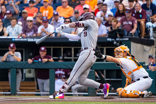 Texas A&M's Gavin Grahovac hit a home run in Game 1 of the 2024 College World Series against Tennessee on Saturday (Image Source: IMAGN).