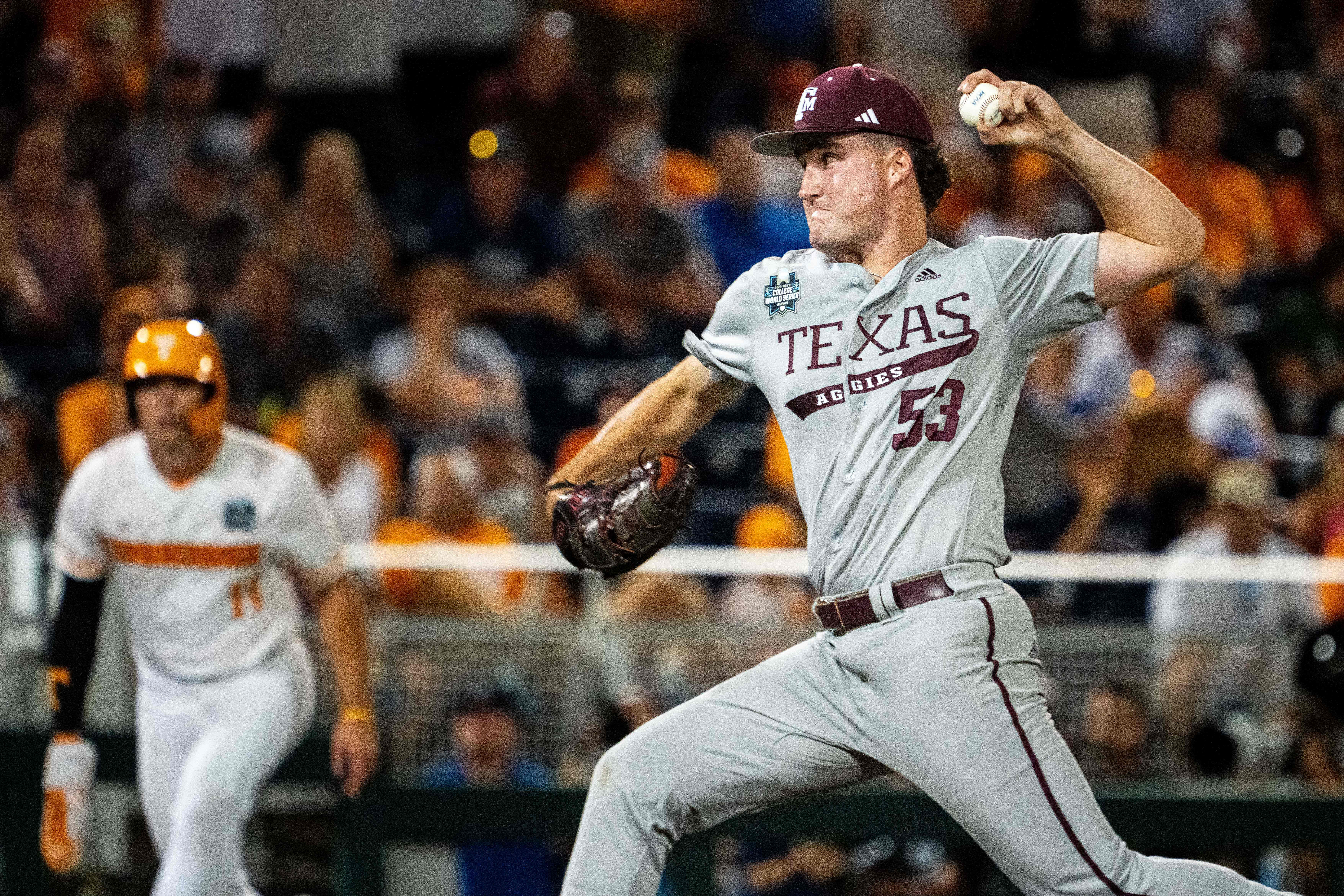 Texas A&amp;M relief pitcher Evan Aschenbeck notched the final eight outs for the Aggies. He retired seven of them via strikeout. (Image Source: IMAGN)