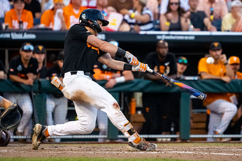 Tennessee Volunteers' Dylan Dreiling (8) hits a two-run home run against the Texas A&M Aggies during the seventh inning at Charles Schwab Field Omaha (Image Source: IMAGN)