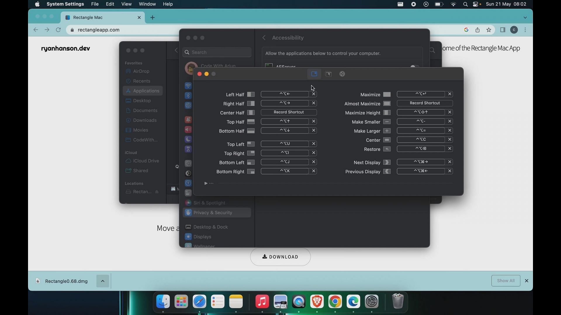 The keyboard shortcuts for tiling the windows in Rectangle (Image via @Code With Arjun/YouTube)