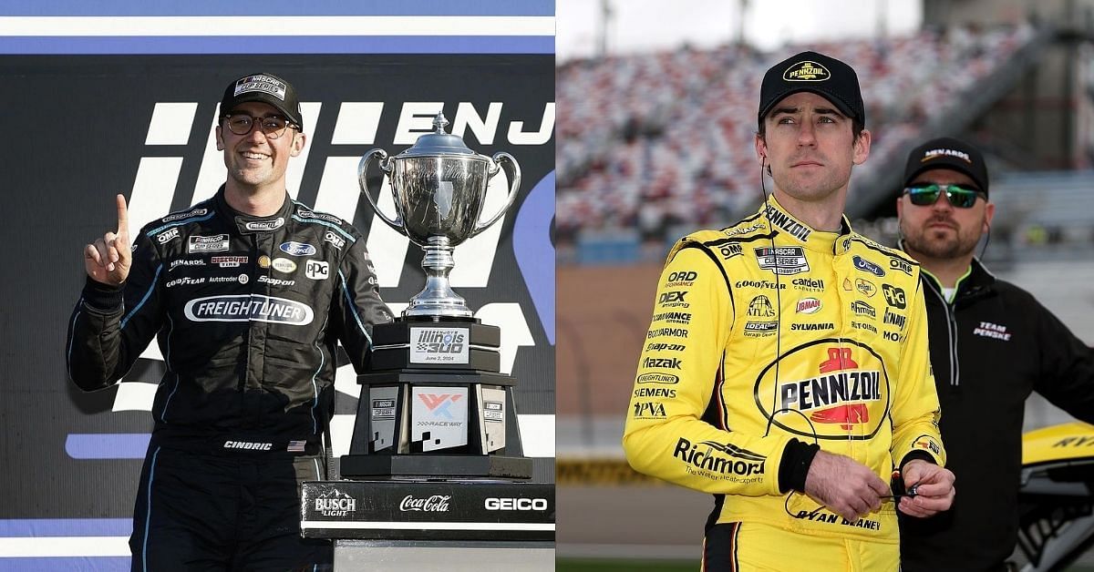 Austin Cindric (L) offers condolences to Ryan Blaney (R) after late race fuel mishap at WWT Raceway (Image: Getty)