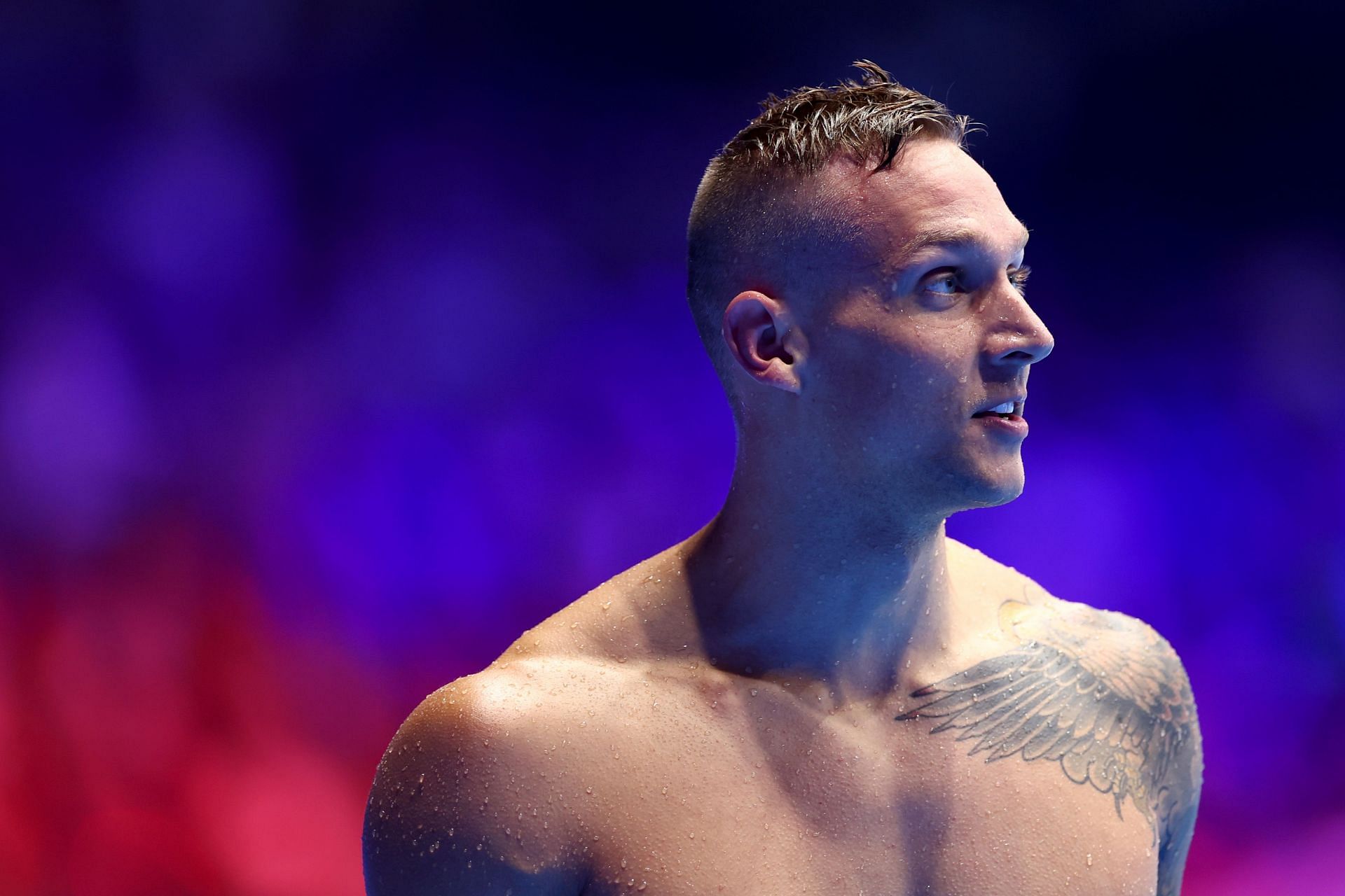 Caeleb Dressel looks on after the Men&#039;s 100m freestyle semifinal at the 2024 U.S. Olympic Team Swimming Trials in Indianapolis, Indiana.