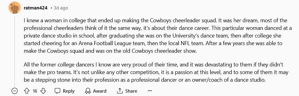 Some fans argued that many saw cheerleading as a stepping stone. (Image via Reddit)