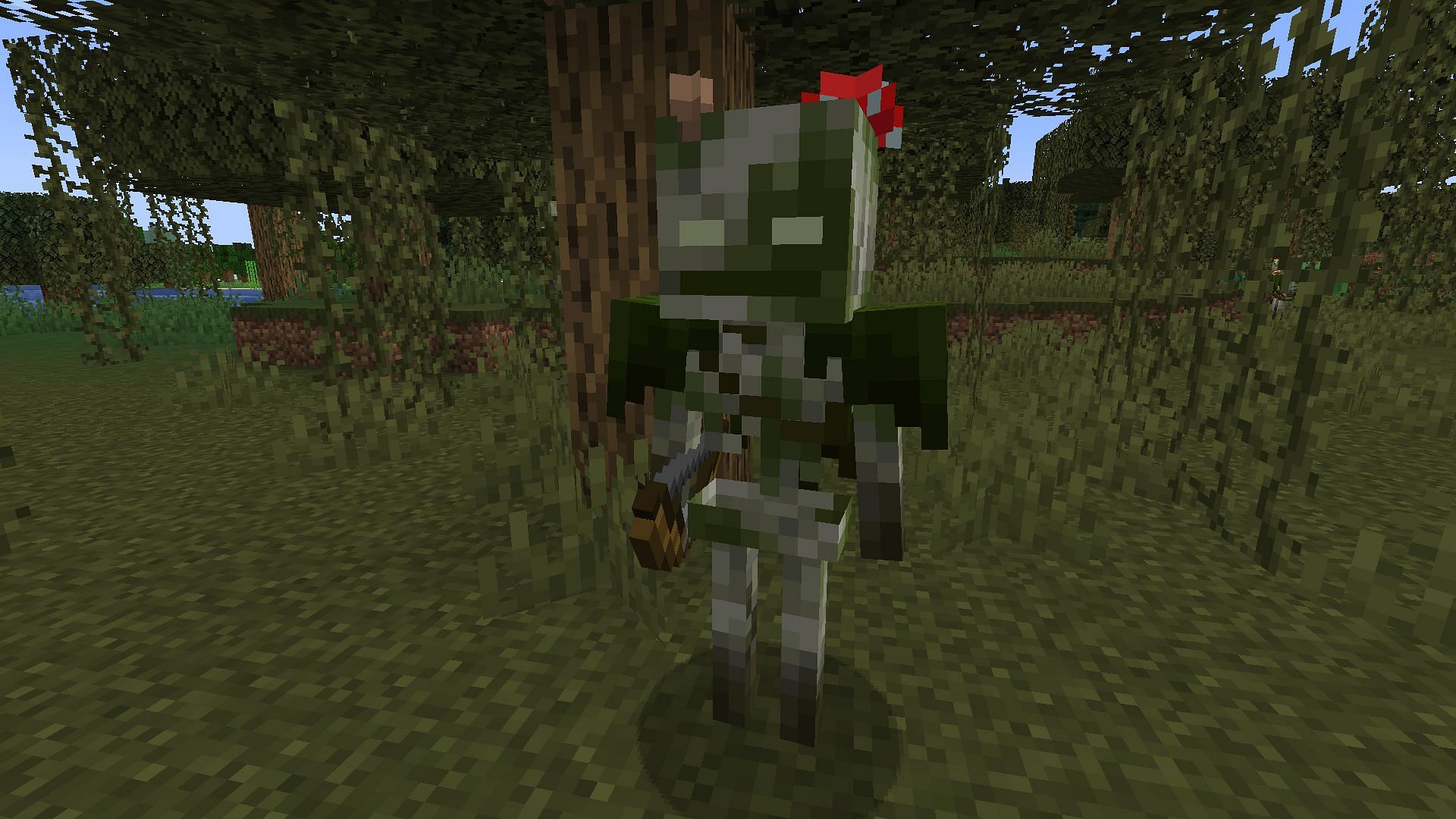 A bogged avoiding sunlight under the shade of a swamp tree (Image via Mojang)