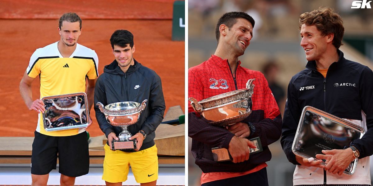 Carlos Alcaraz with Alexander Zverev (L) and Novak Djokovic with Casper Ruud (R) [Source: Getty Images]