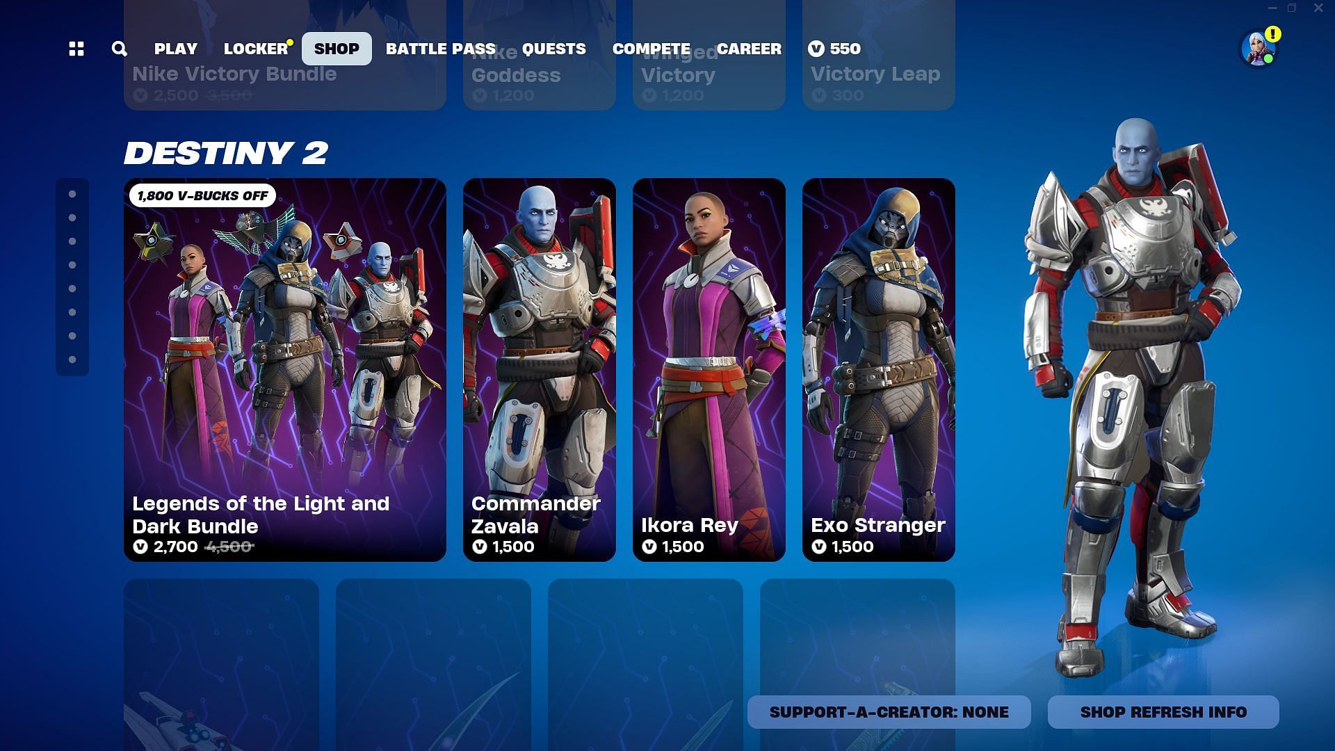 Commander Zavala, Ikora Rey, and Exo Stranger (Destiny) skin in Fortnite is currently listed (Image via Epic Games)