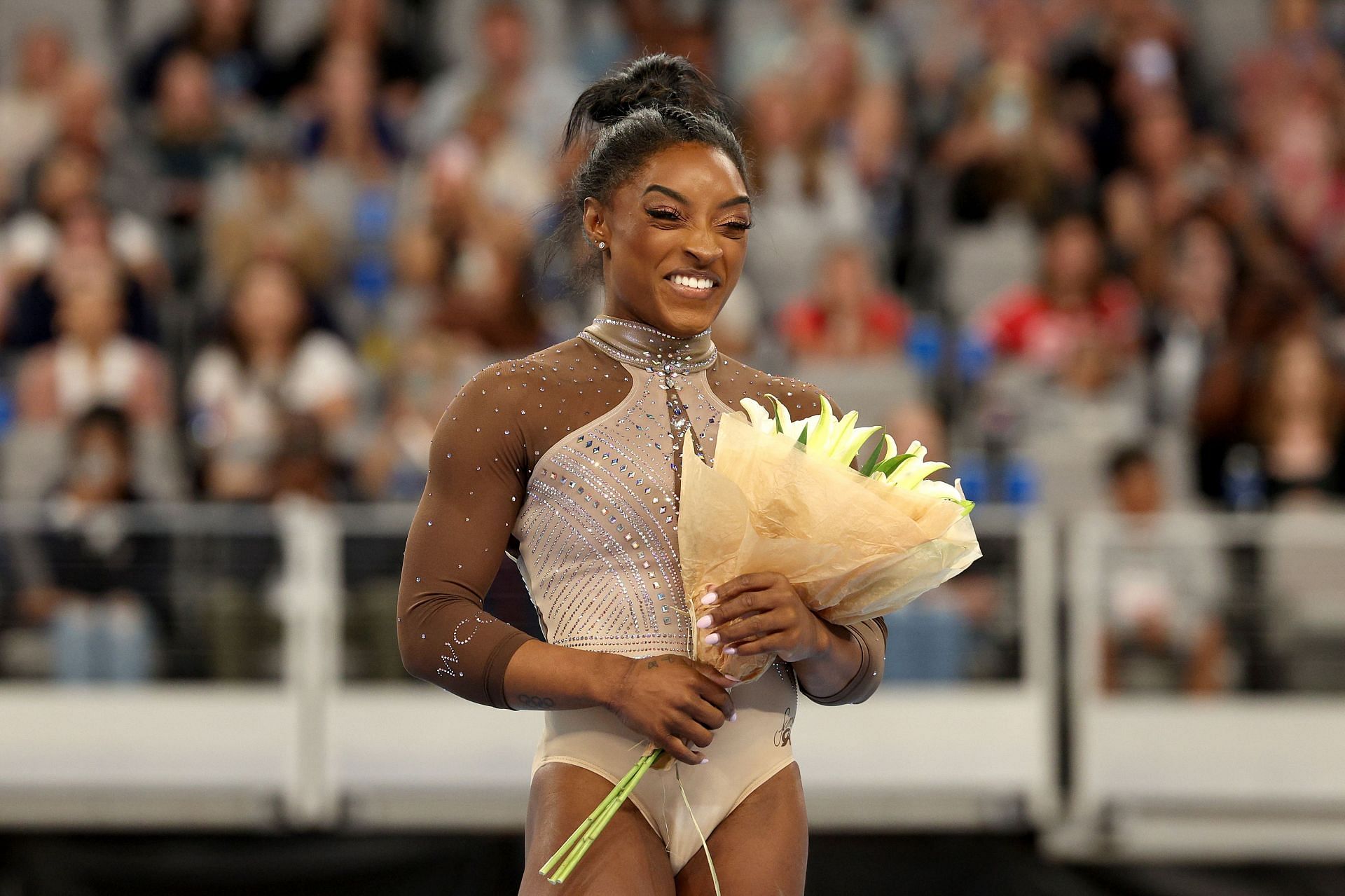 Simone Biles celebrates after the 2024 Xfinity U.S. Gymnastics Championships at Dickies Arena on June 02, 2024 in Fort Worth, Texas.