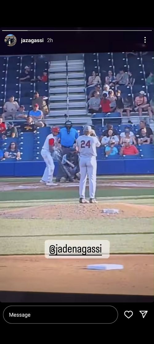 Andre Agassi and Steffi Graf's daughter Jaz Elle's Instagram story featuring brother Jaden's pitching skills for the Mahoning Valley Scrappers (Source: Instagram/Jaz Agassi)